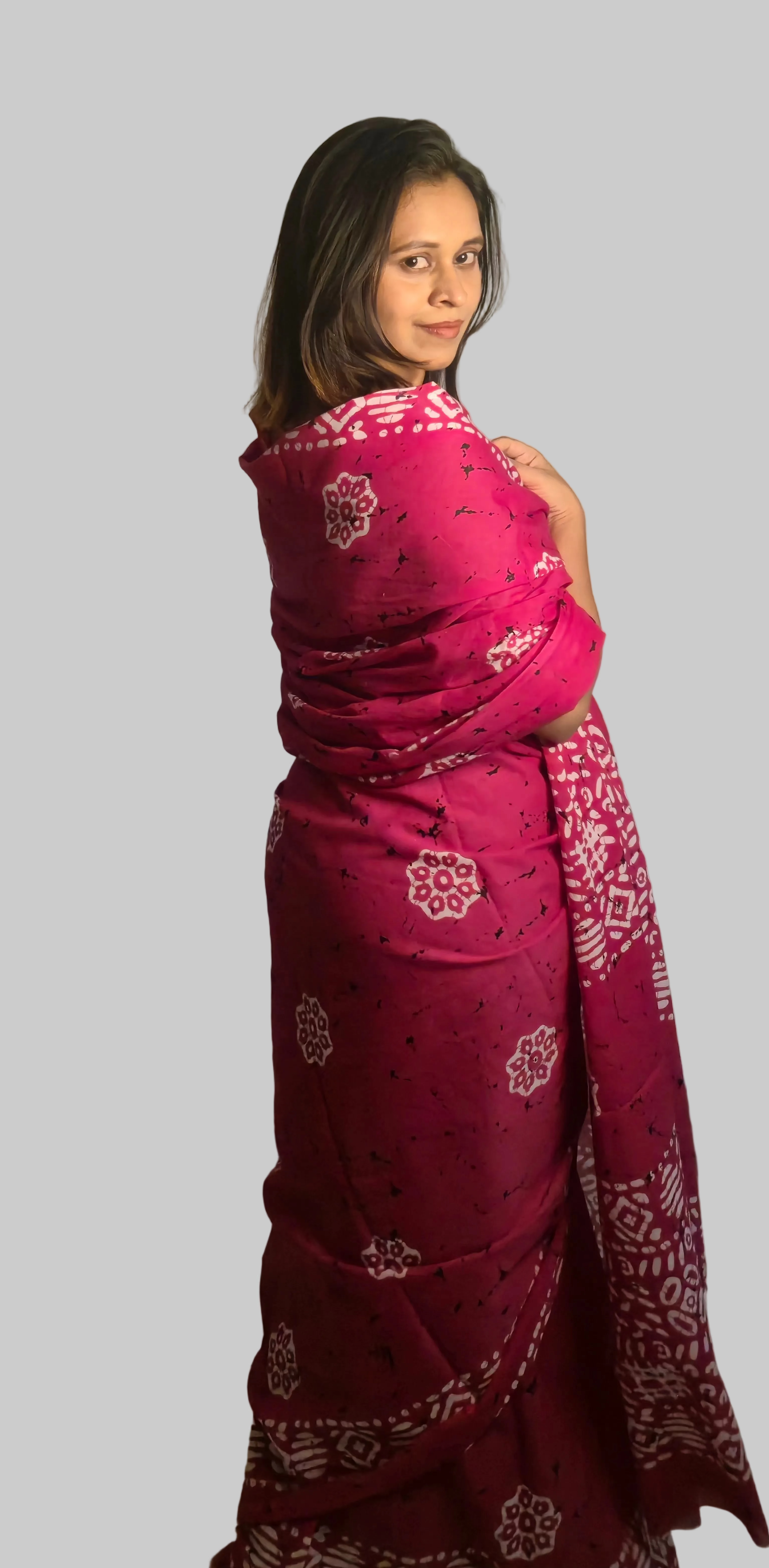 Pink Batik Mulmul Cotton Saree with Geometric Motifs