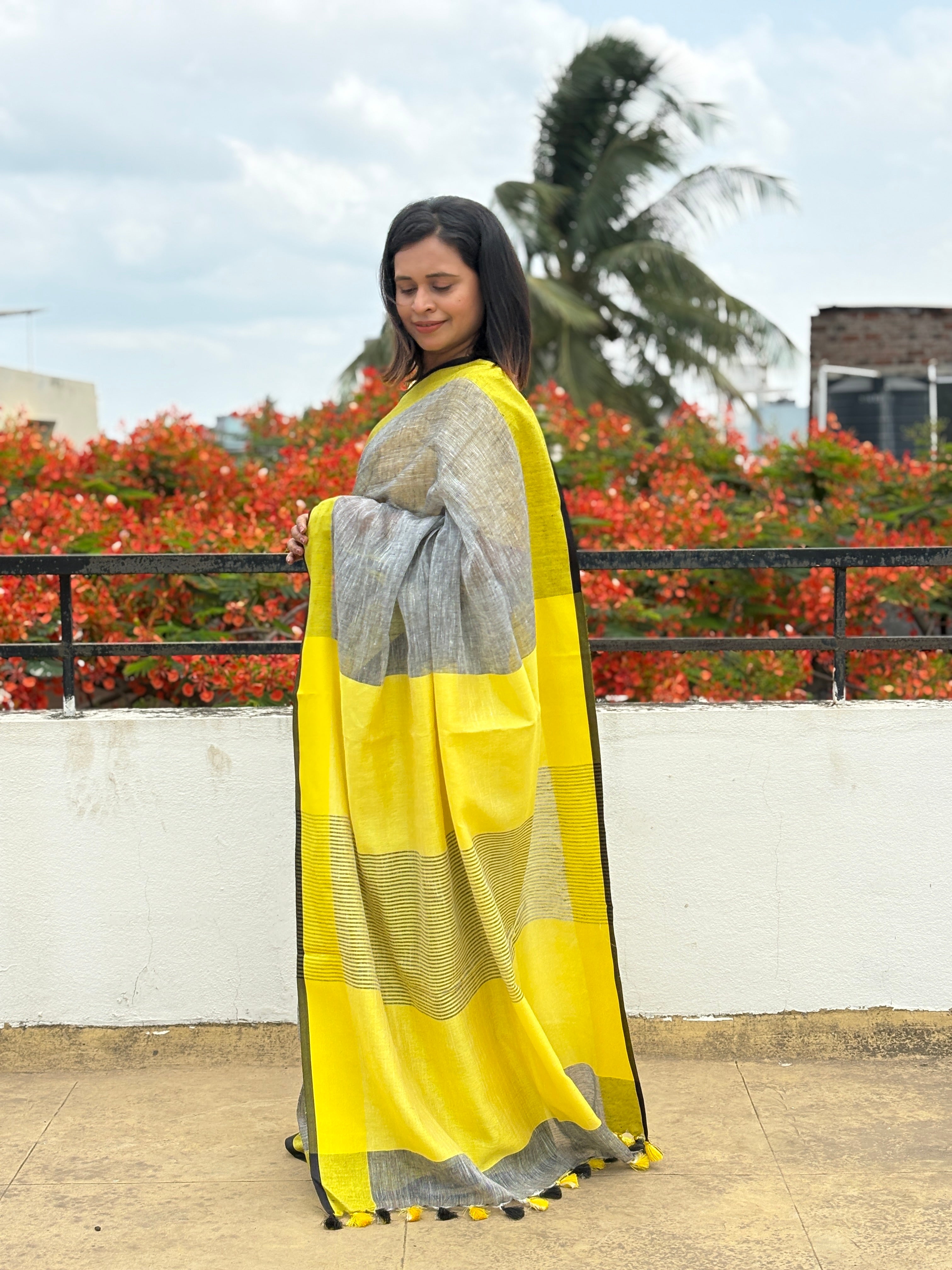 Organic Grey Pure Linen Saree with Yellow Border | Natural Office Wear
