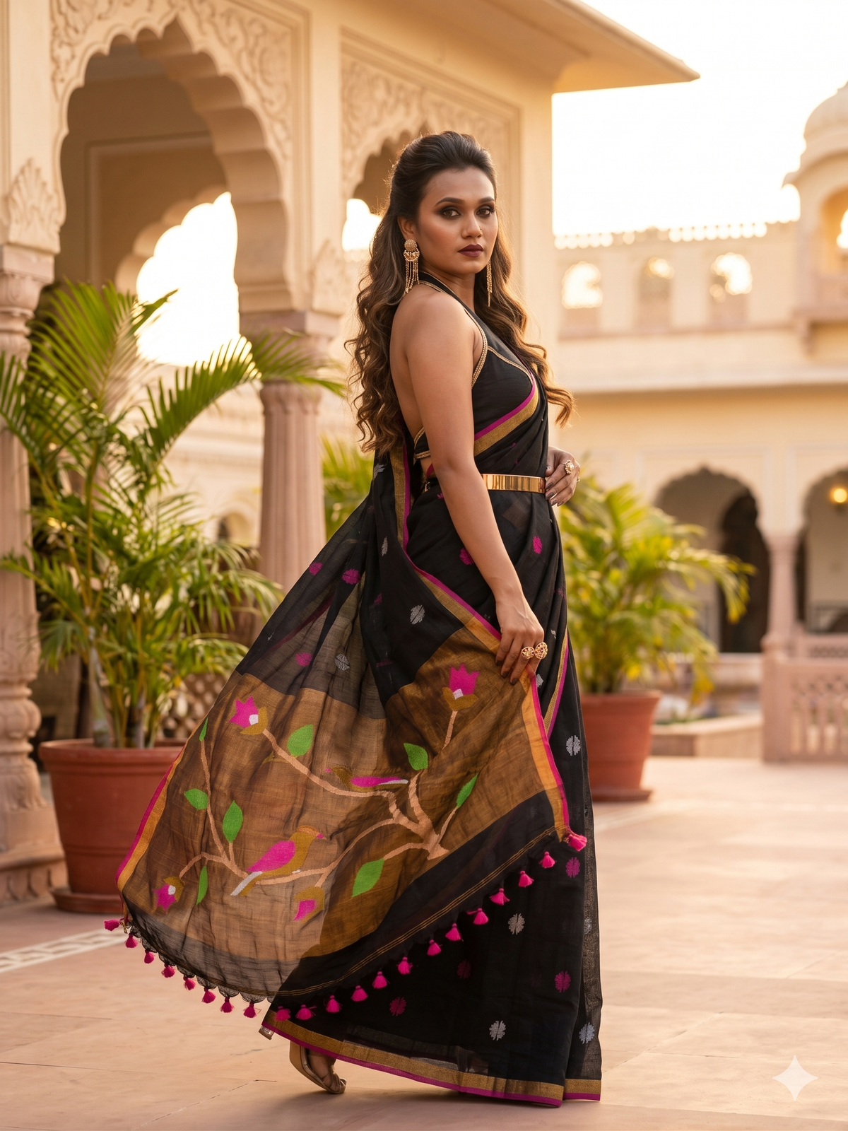 Premium Black Linen Paithani Saree with Golden Zari Border | Parrot Weaves | Festive Collection