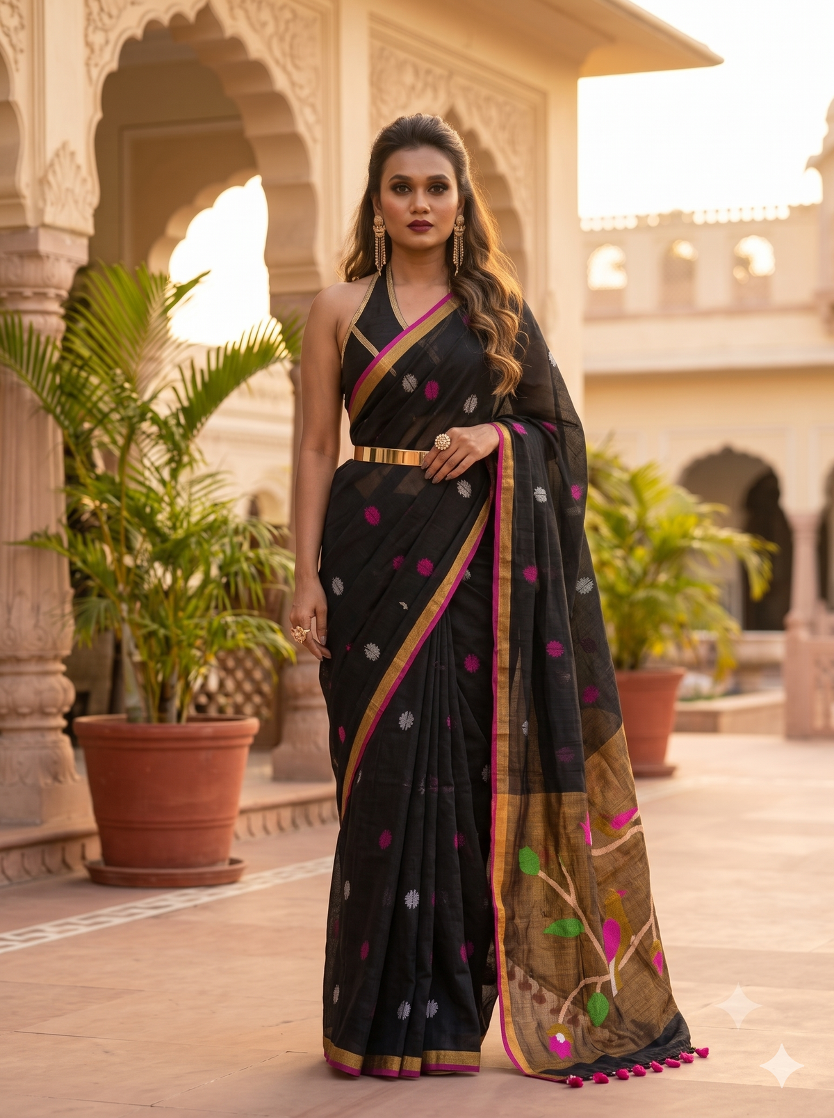 Premium Black Linen Paithani Saree with Golden Zari Border | Parrot Weaves | Festive Collection
