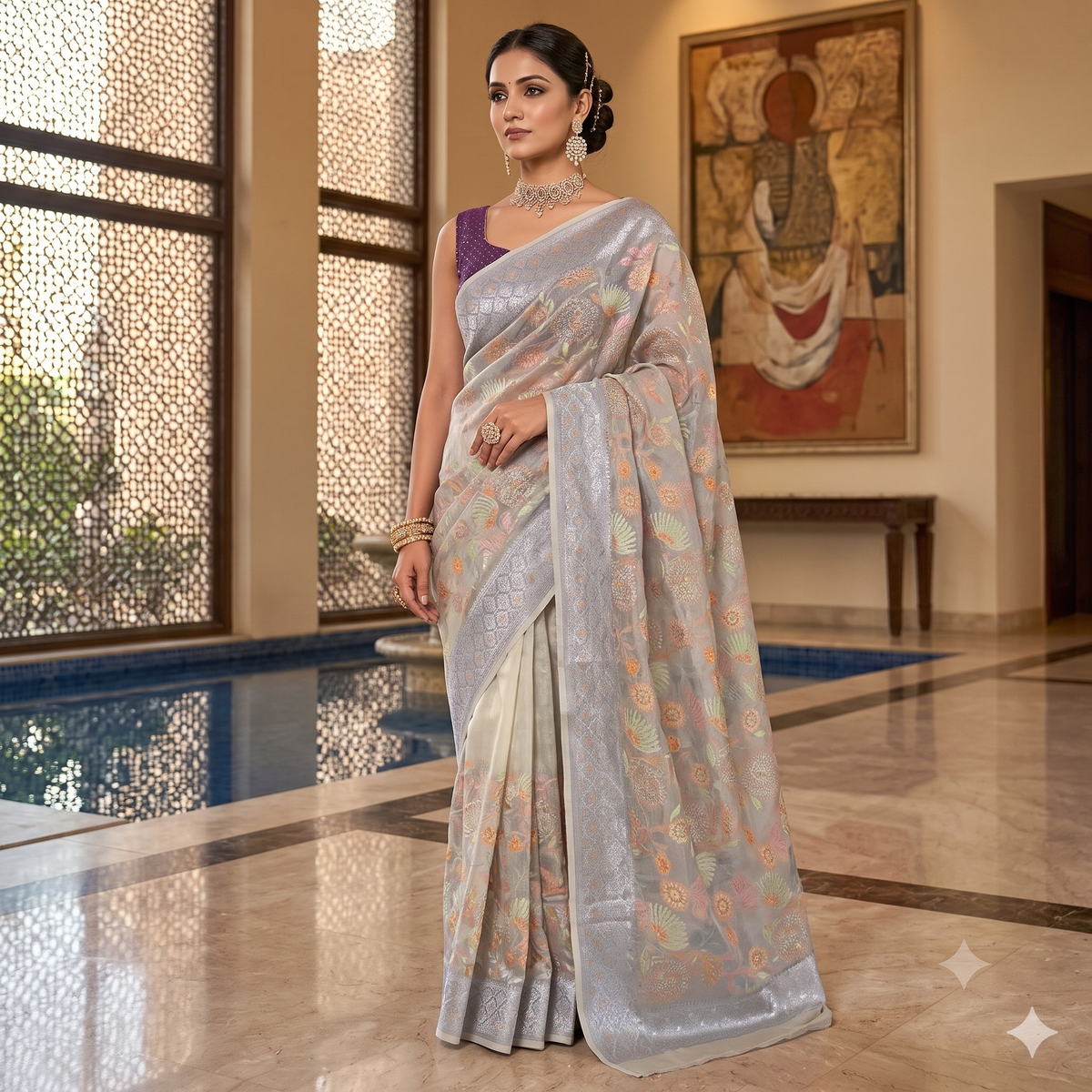 Ethereal Silver Organza Handwoven Saree | Authentic Chikankari Floral Work | SUTA-SAGA