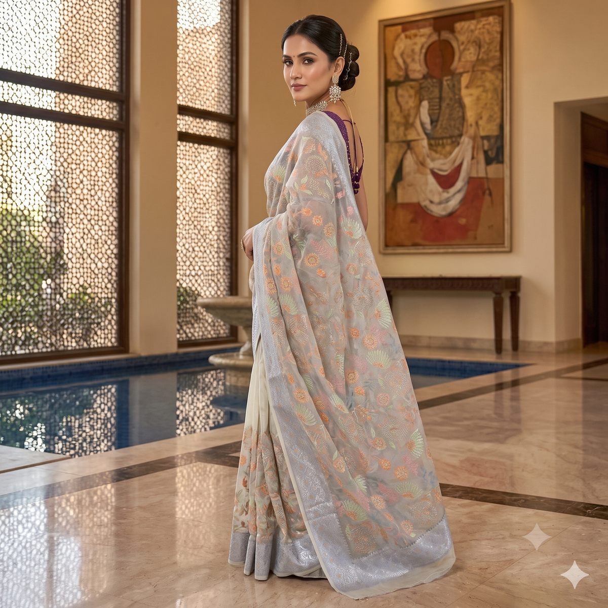 Ethereal Silver Organza Handwoven Saree | Authentic Chikankari Floral Work | SUTA-SAGA
