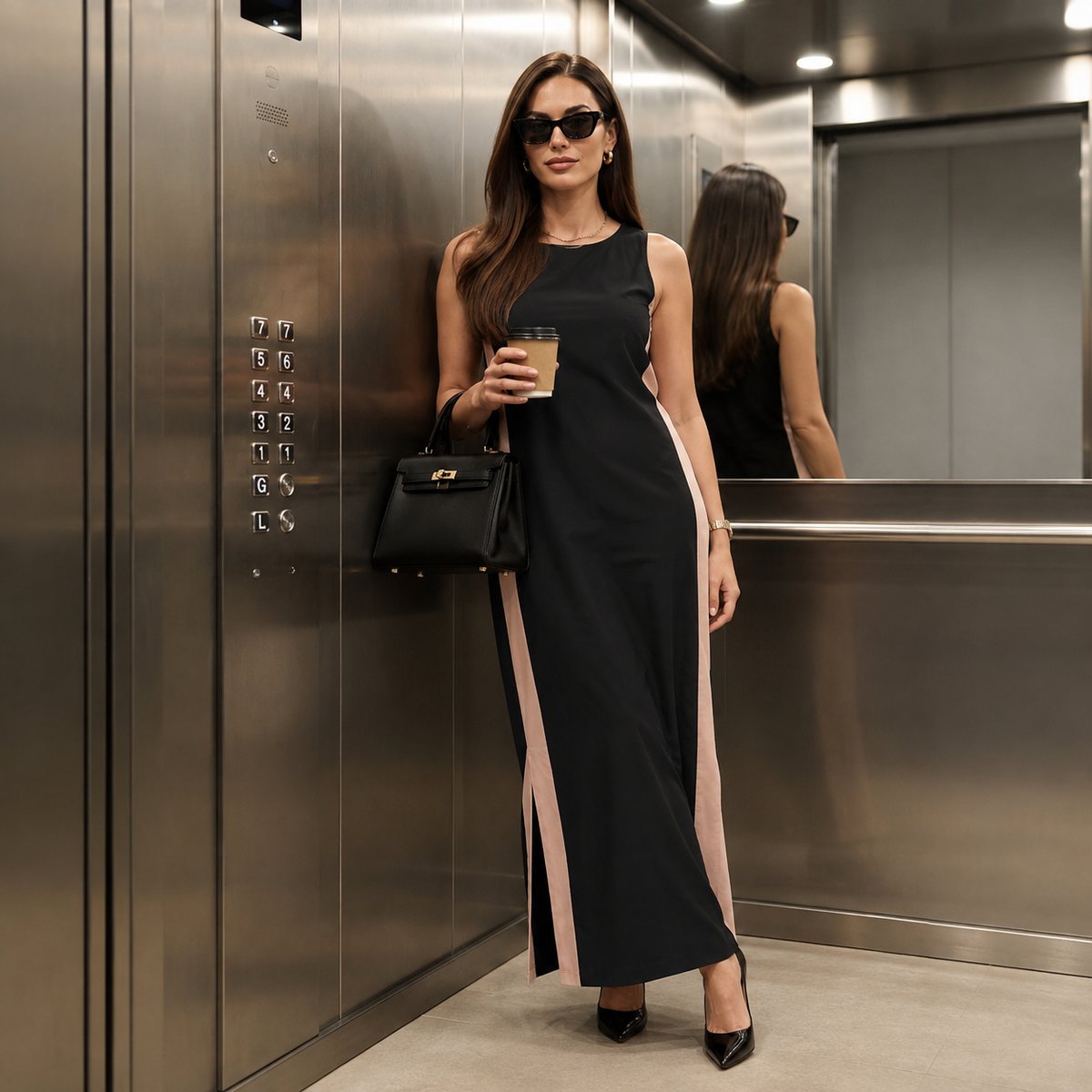 Black and Blush Pink Solid Colorblock Maxi Poplin 100% Pure Cotton Dress