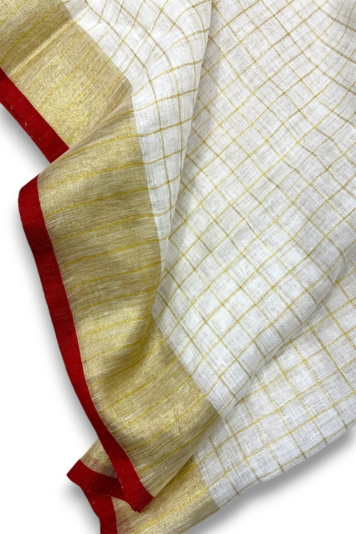 Organic Cream/Off-White body Linen saree with Golden Beige Checks and a sharp Maroon/Red Piping Border