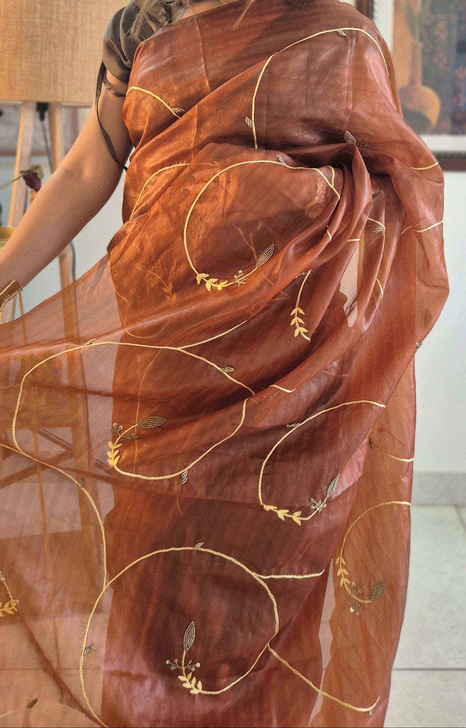 Woman wearing a brown saree with gold patterns indoors.