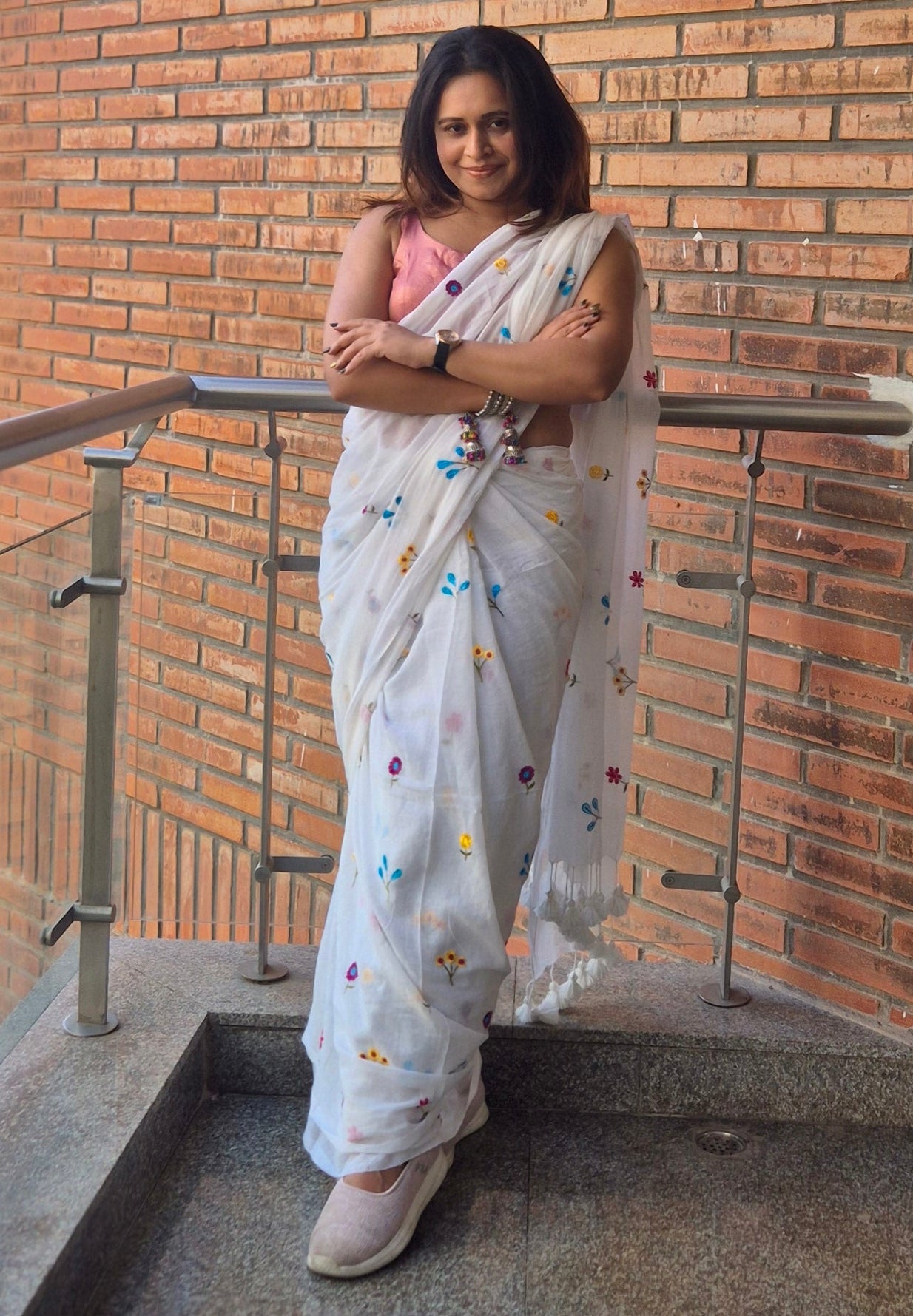 White Saree with Multicolor Floral Embroidery and Stylish Tassel Pallu | Elegant Daily & Corporate Babe Wear