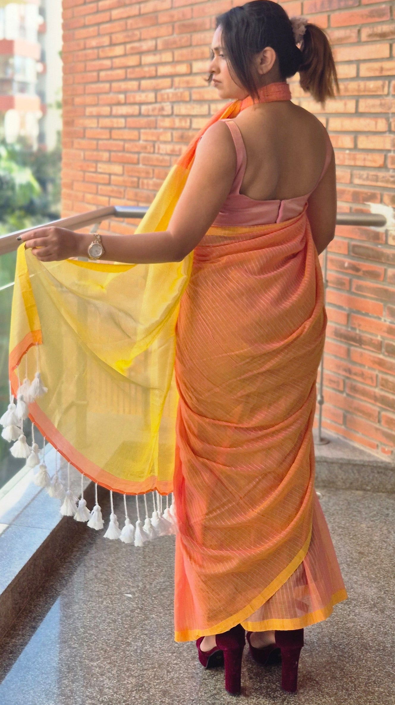 Pure Linen by Linen Saree in Orange & Yellow with Woven Checks and Zari Tassel Pallu