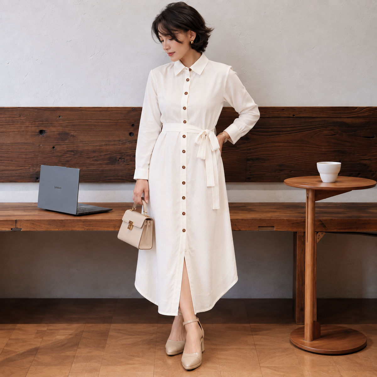 White Modal 100% Linen Shirt Dress | Full Sleeve Maxi with Tie Belt