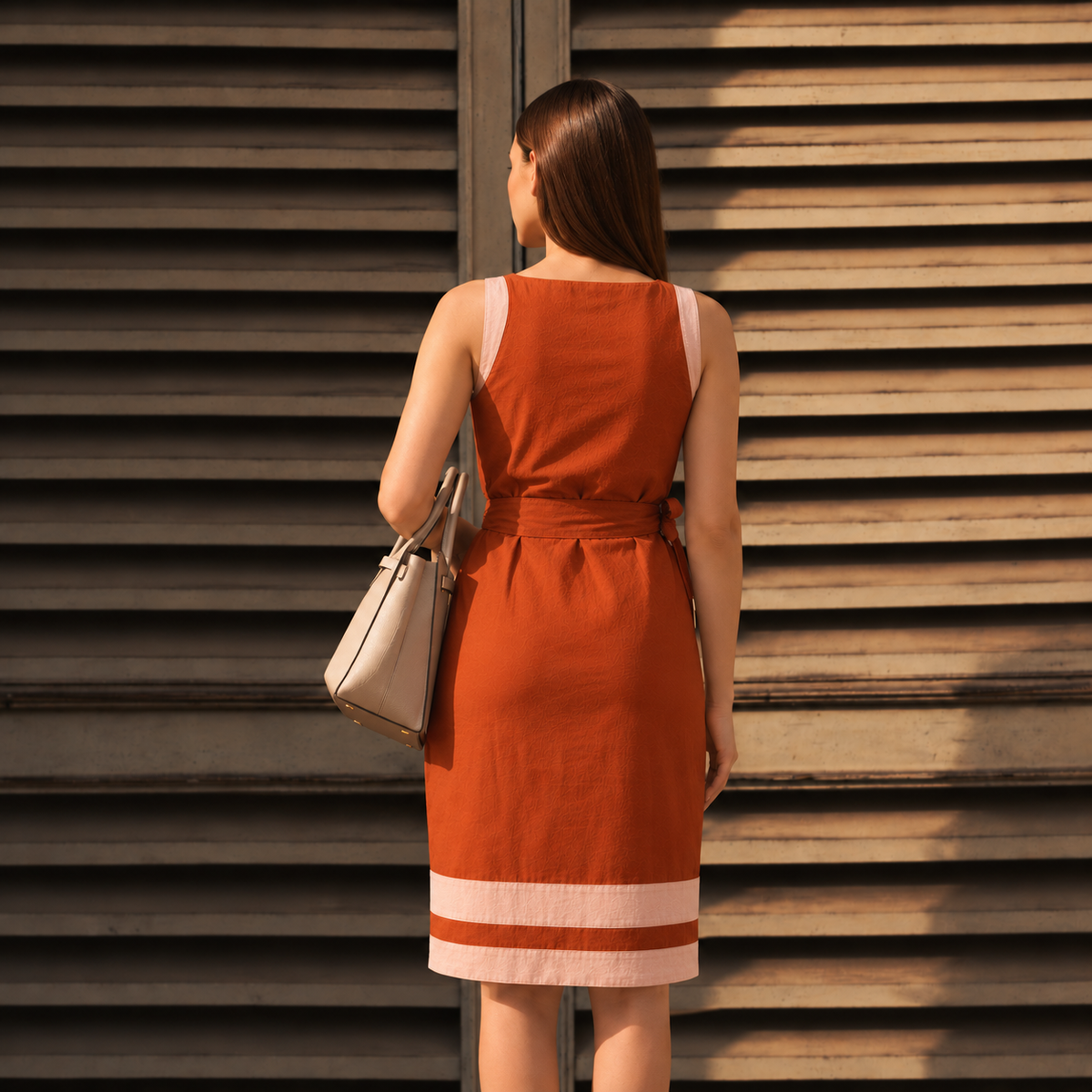 Rust Poplin Cotton Midi Dress | Boat Neck Sleeveless with Contrast Hem Border | 100% Pure Cotton