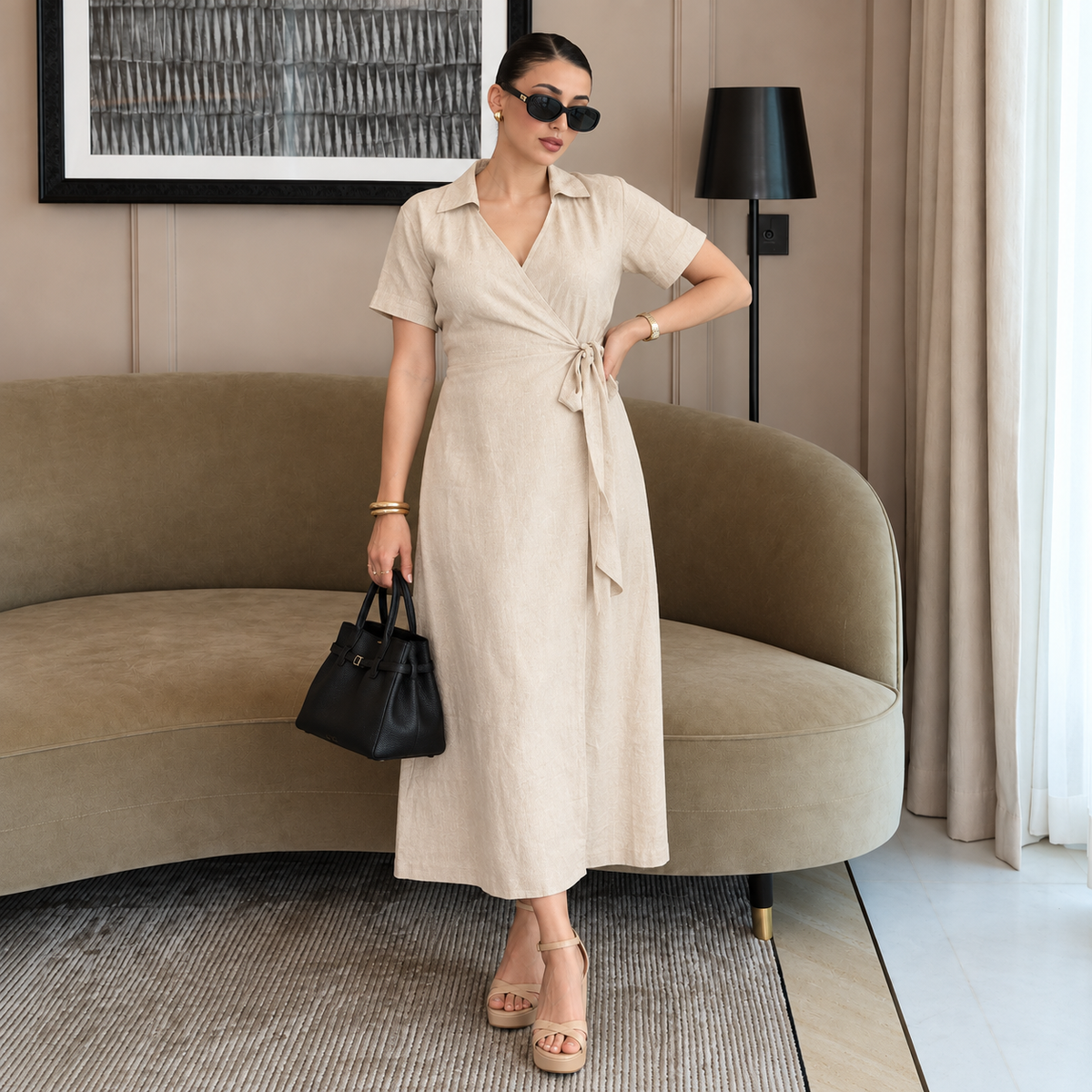 Beige Modal 100% Linen Wrap Dress | Collared V-Neck Maxi with Side Tie