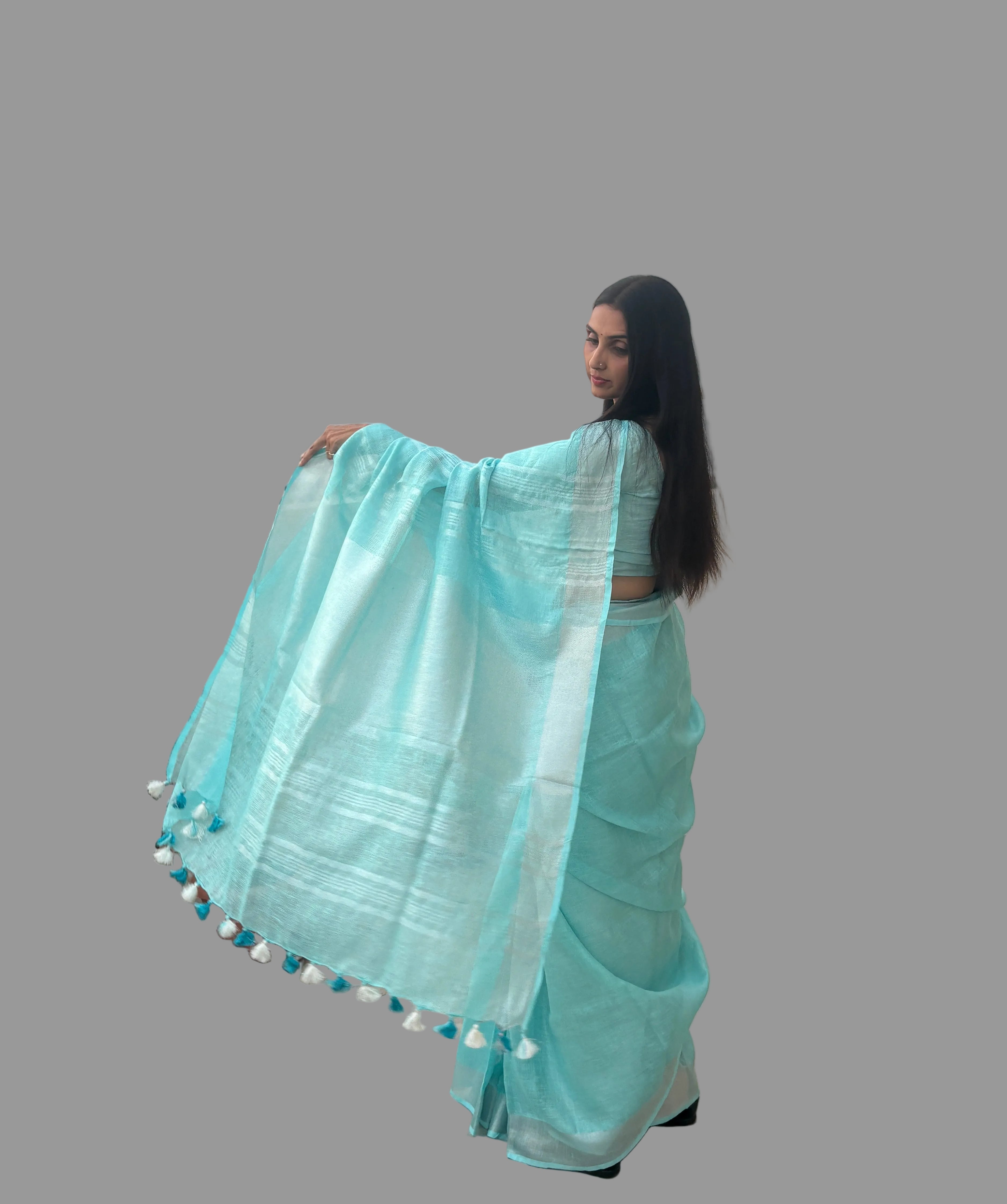 Pure Linen Saree in Cyan Blue with Silver Zari Border | Breathable Office Wear Saree