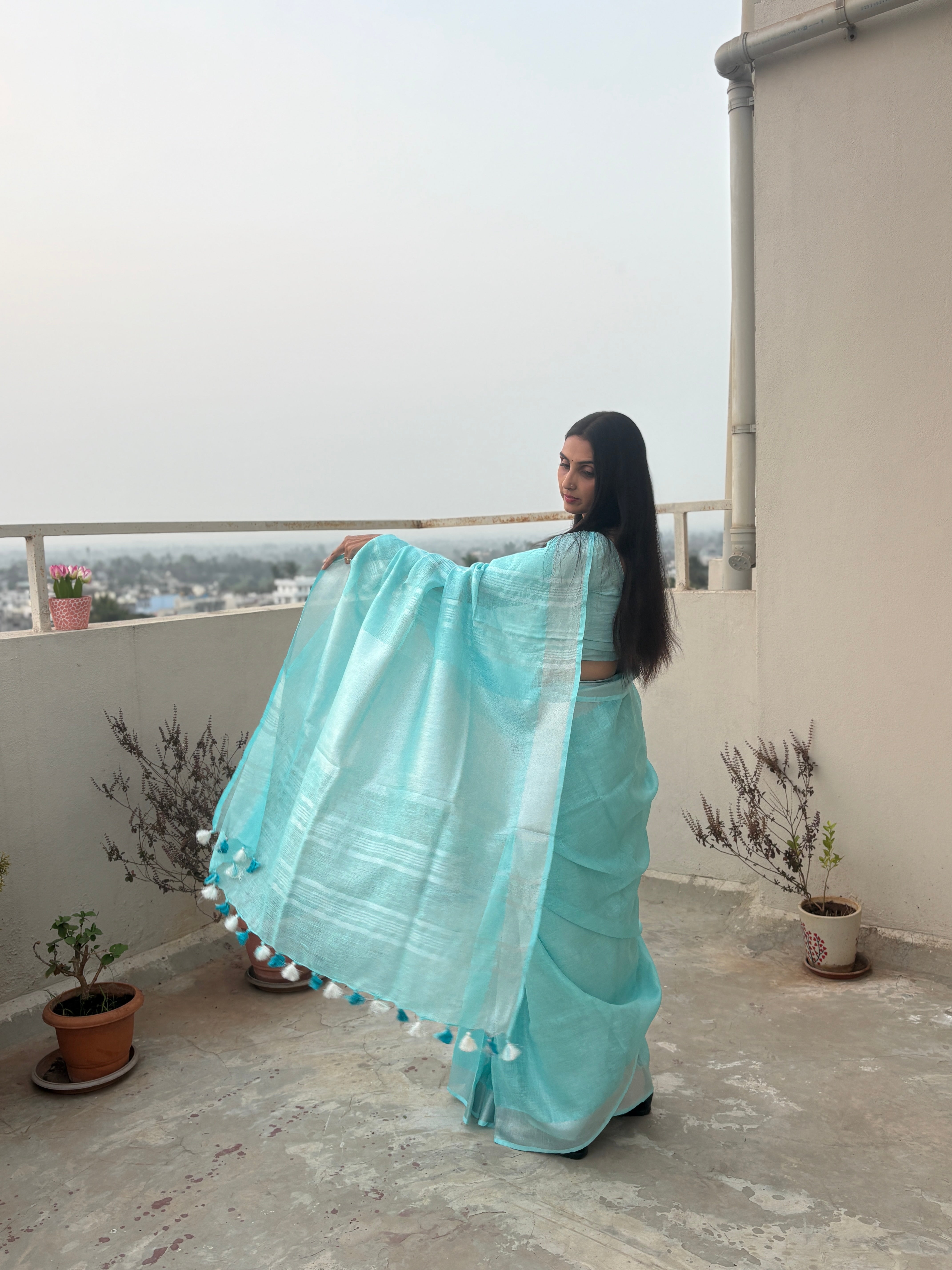 Pure Linen Saree in Cyan Blue with Silver Zari Border | Breathable Office Wear Saree