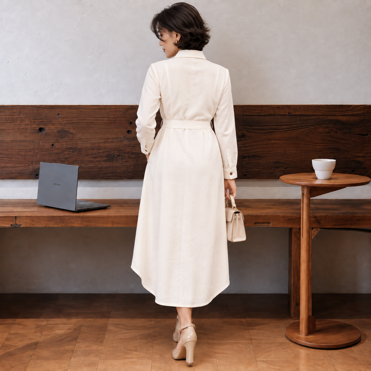 White Modal 100% Linen Shirt Dress | Full Sleeve Maxi with Tie Belt