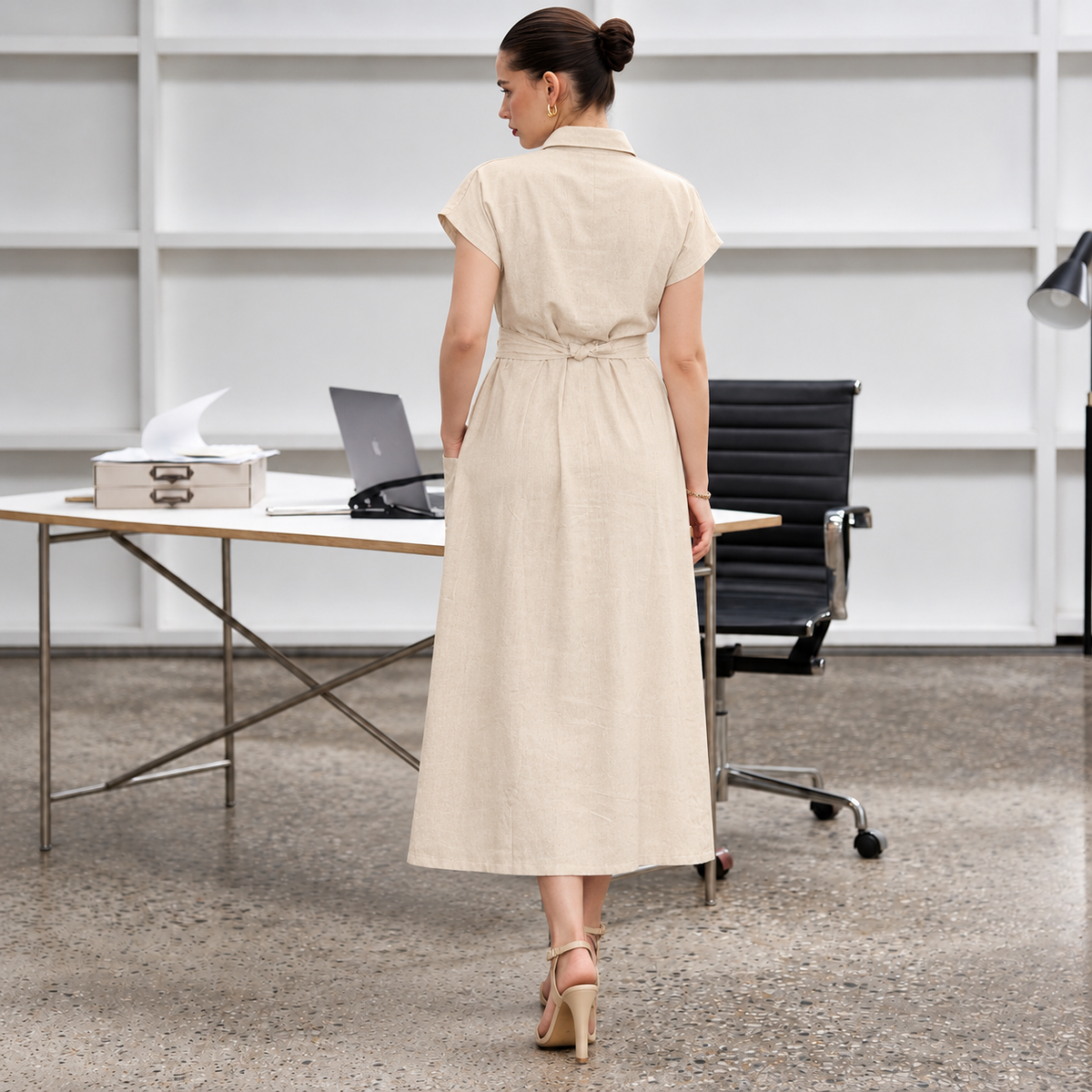 Beige Modal 100% Pure Linen Shirt Dress | Collared Maxi with Tie Belt & Pockets