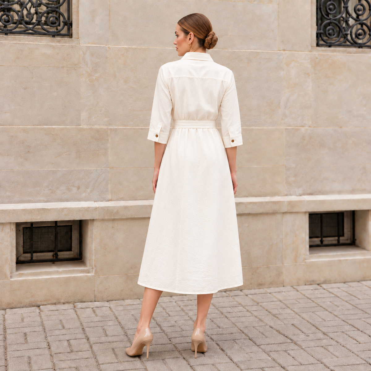 White Modal 100% Pure Linen Shirt Dress | Midi with Tie Belt & Patch Pockets