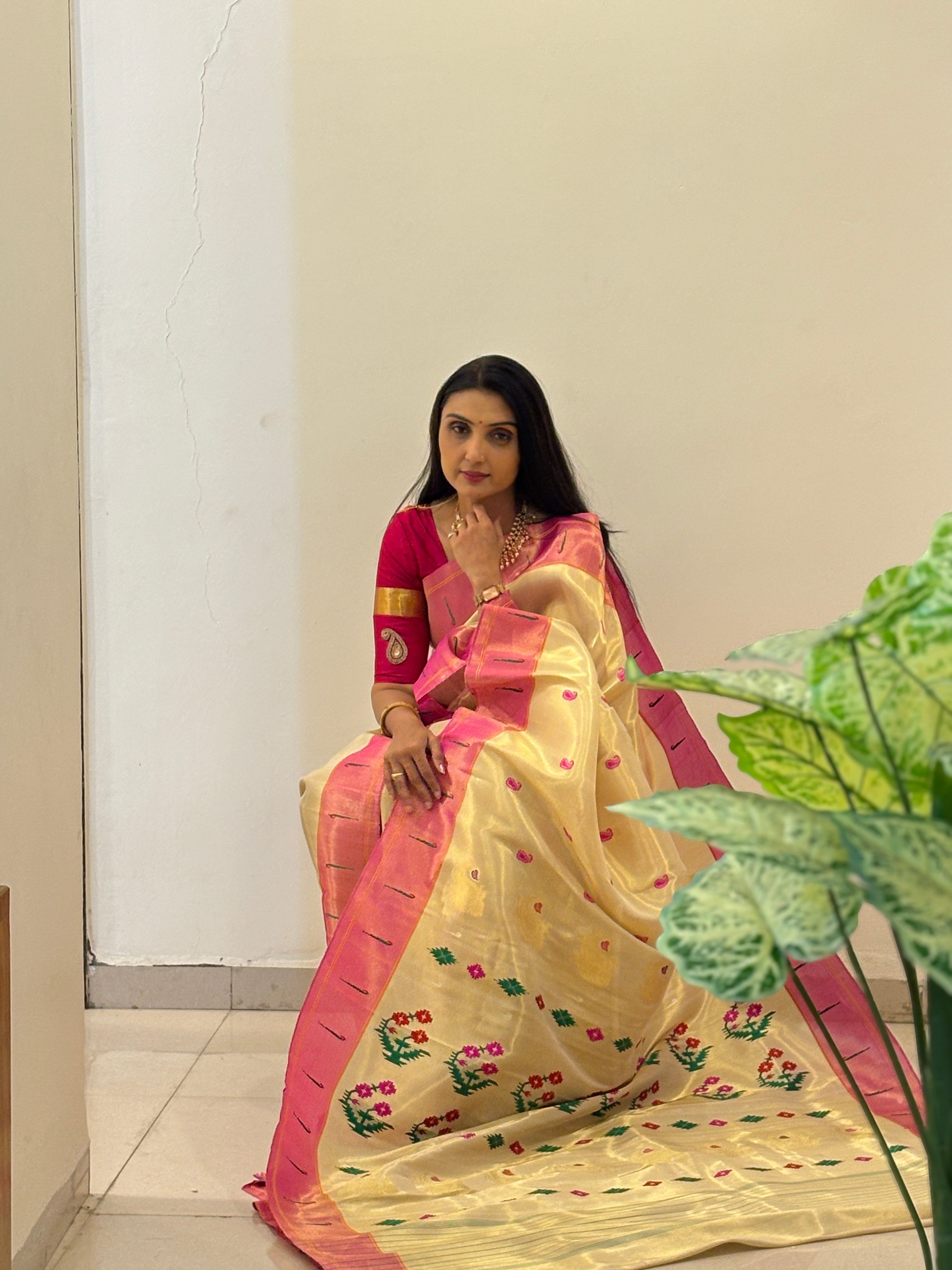 Premium Brocade Tissue Silk Paithani Saree with Rani Pink Zari Border & Multicolor Floral Pallu – Traditional Maharashtrian Handloom