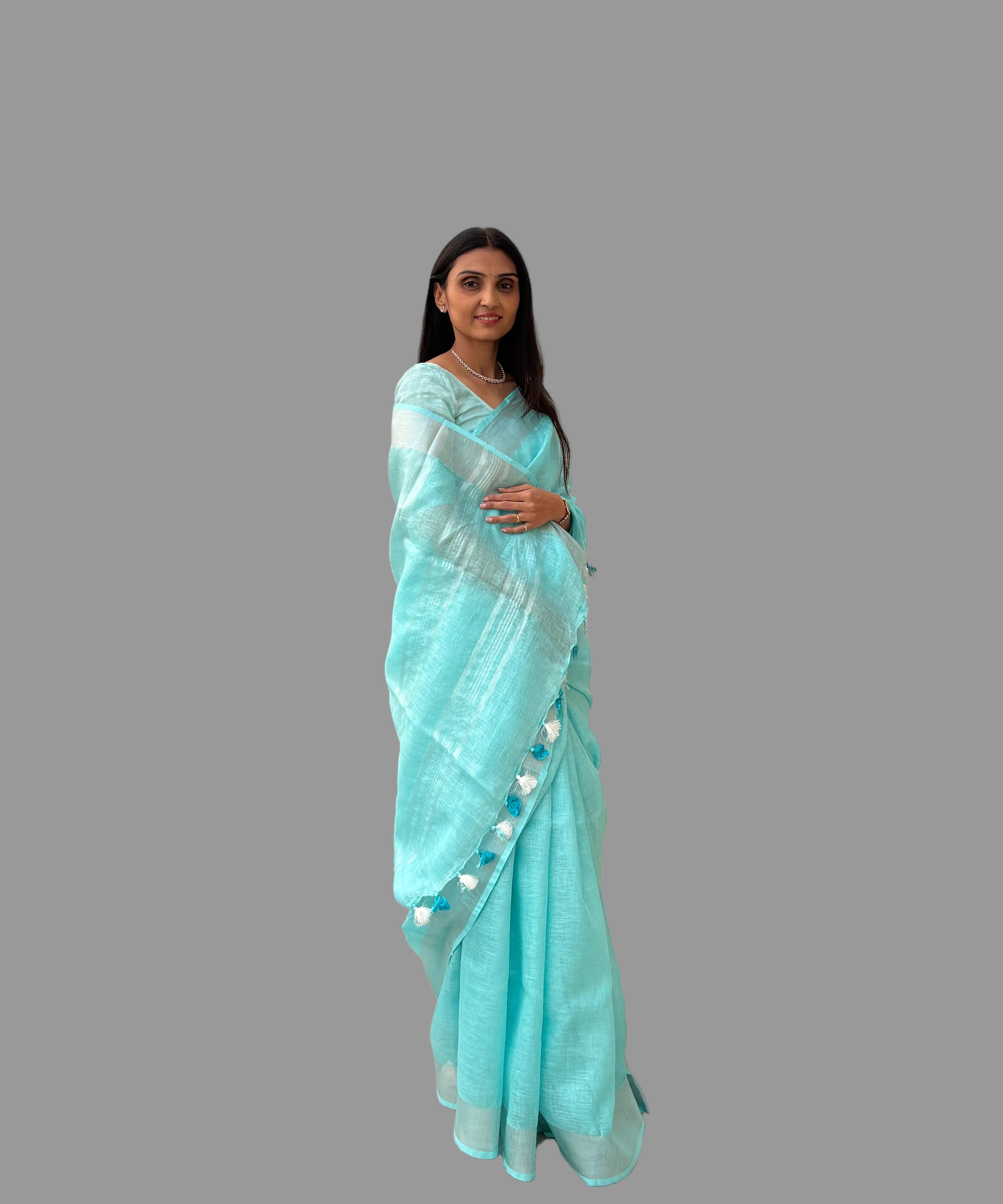 Pure Linen Saree in Cyan Blue with Silver Zari Border | Breathable Office Wear Saree