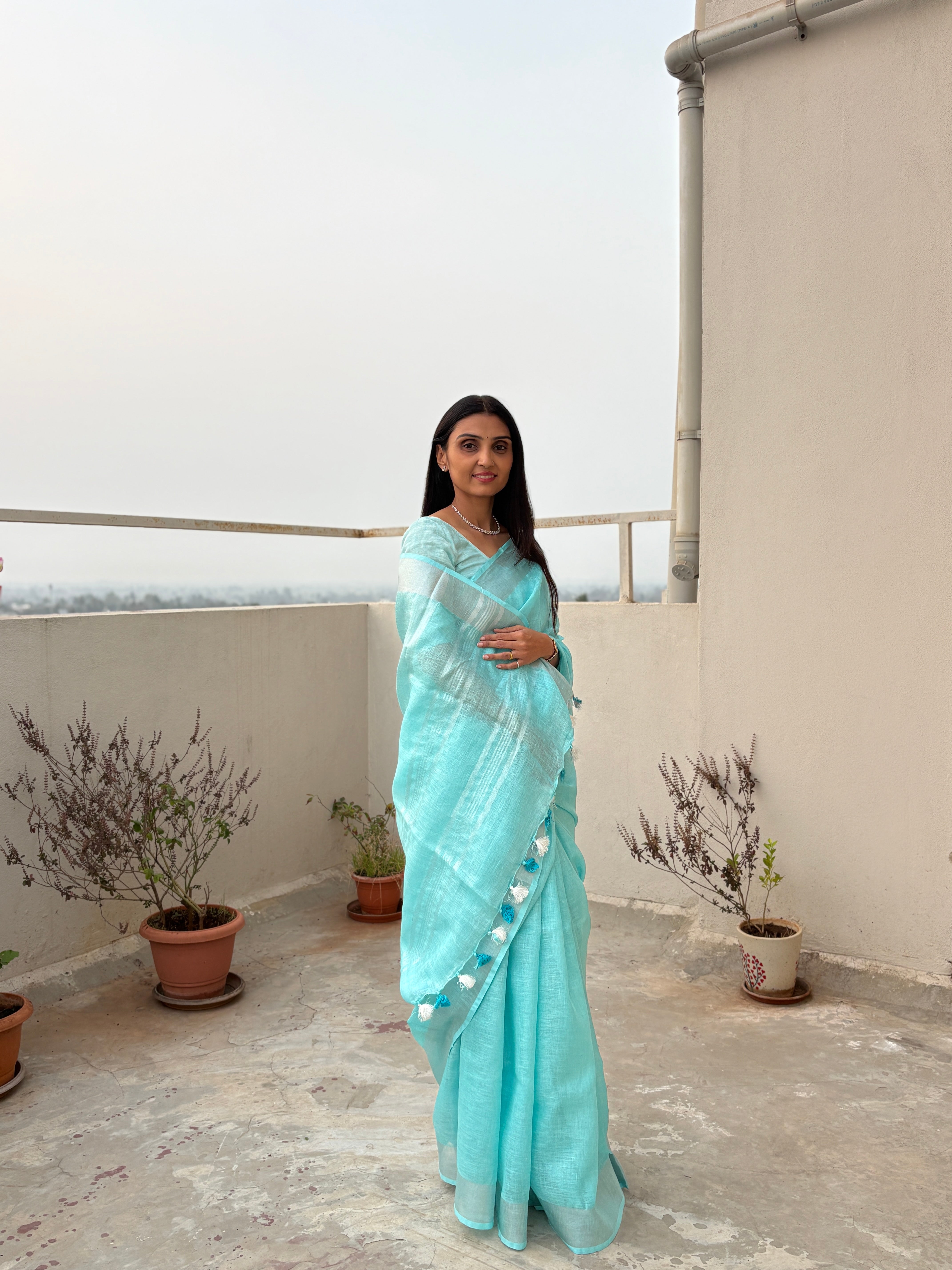 Pure Linen Saree in Cyan Blue with Silver Zari Border | Breathable Office Wear Saree