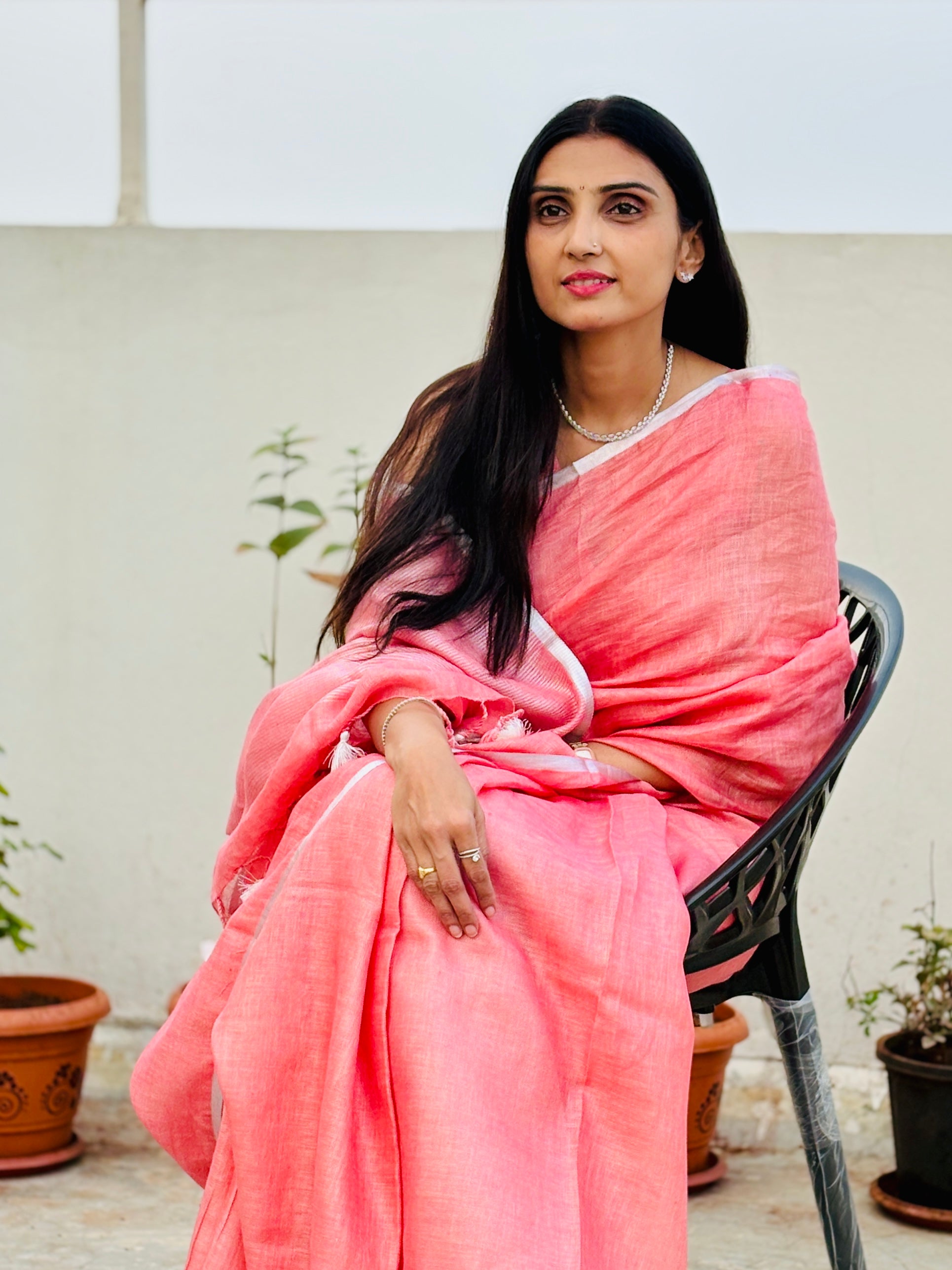 Premium Pure Handloom Linen Saree in Peach with Silver Zari Border | Breathable Office Wear Saree