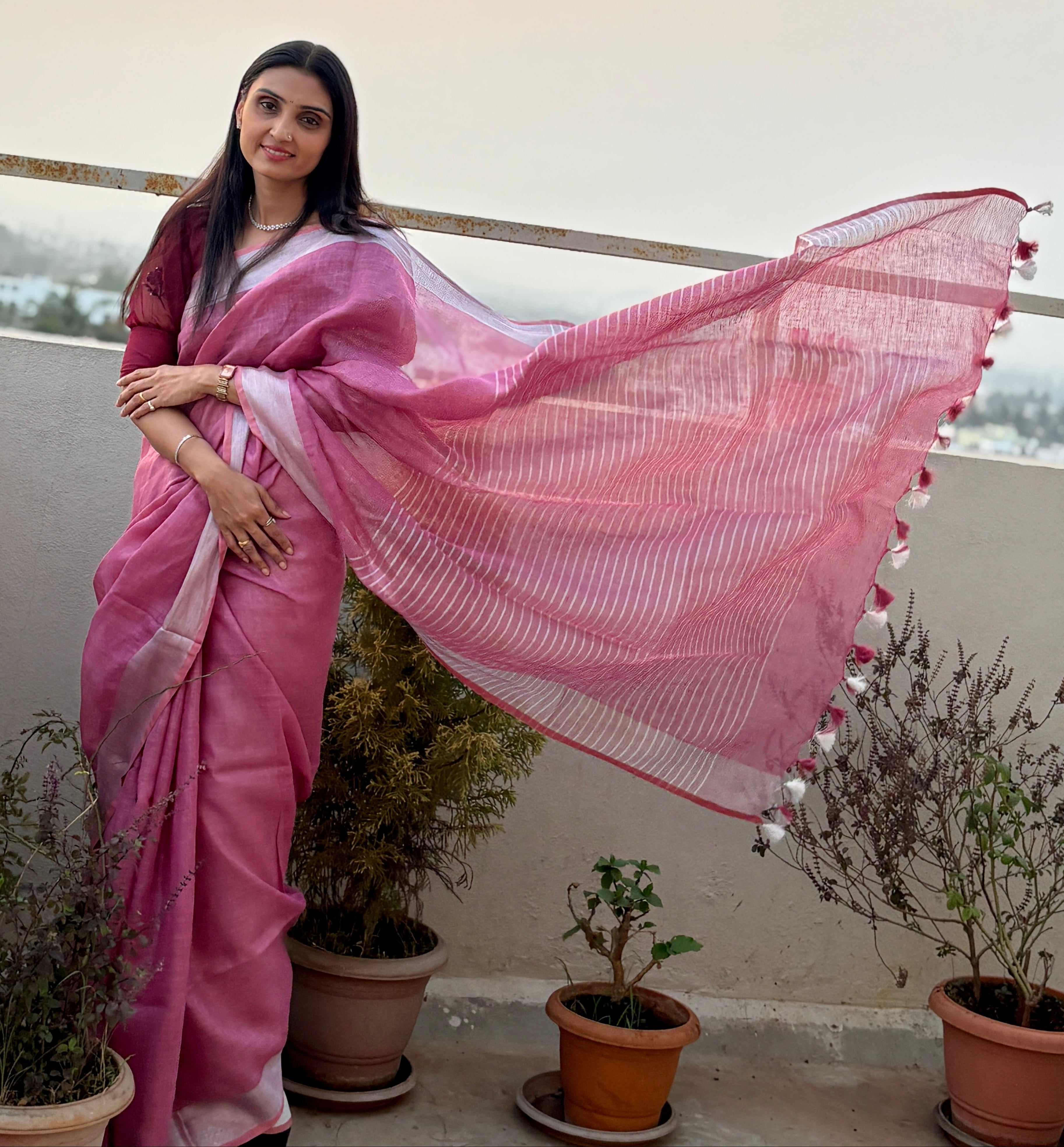Premium Pure Handloom Linen Saree in Soft Pink with Silver Zari Border | Breathable Office Wear Saree