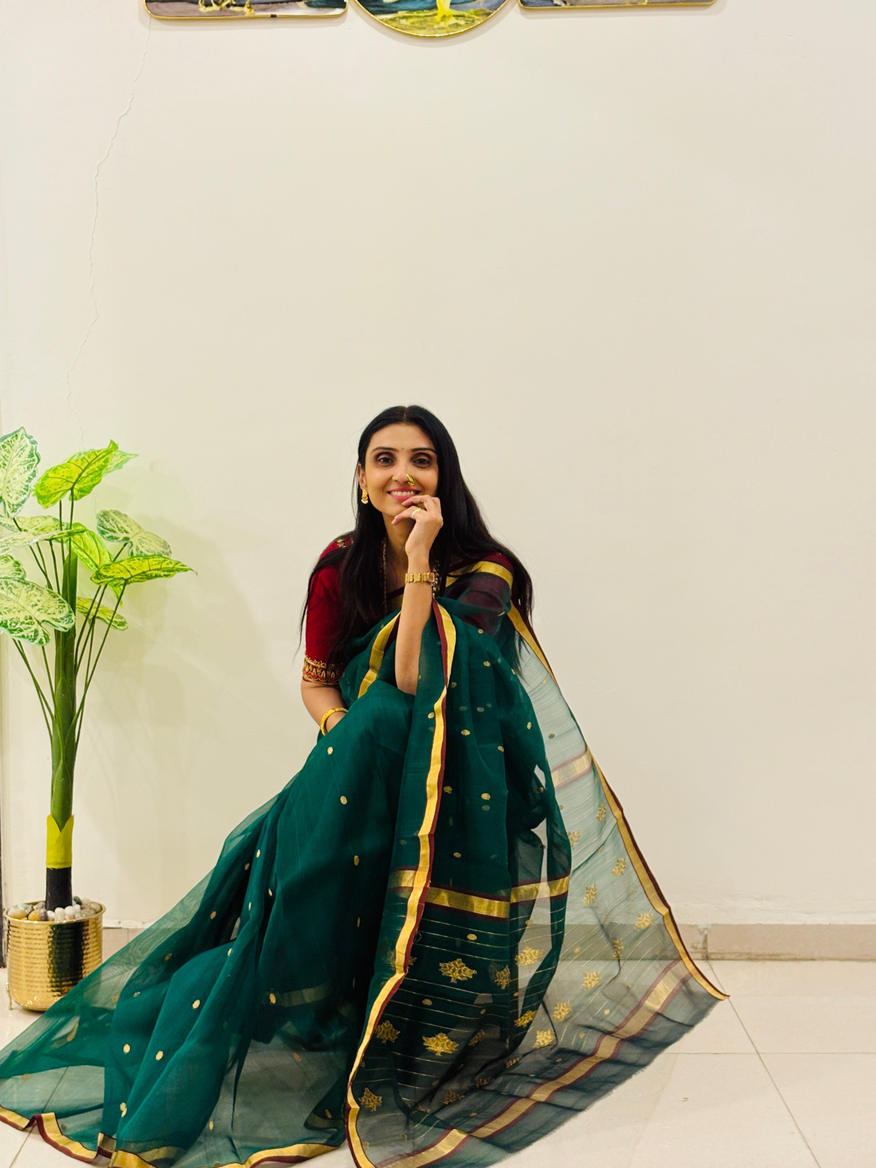 Emerald Green Katan Silk Chanderi Handloom Saree with Zari | SUTA-SAGA
