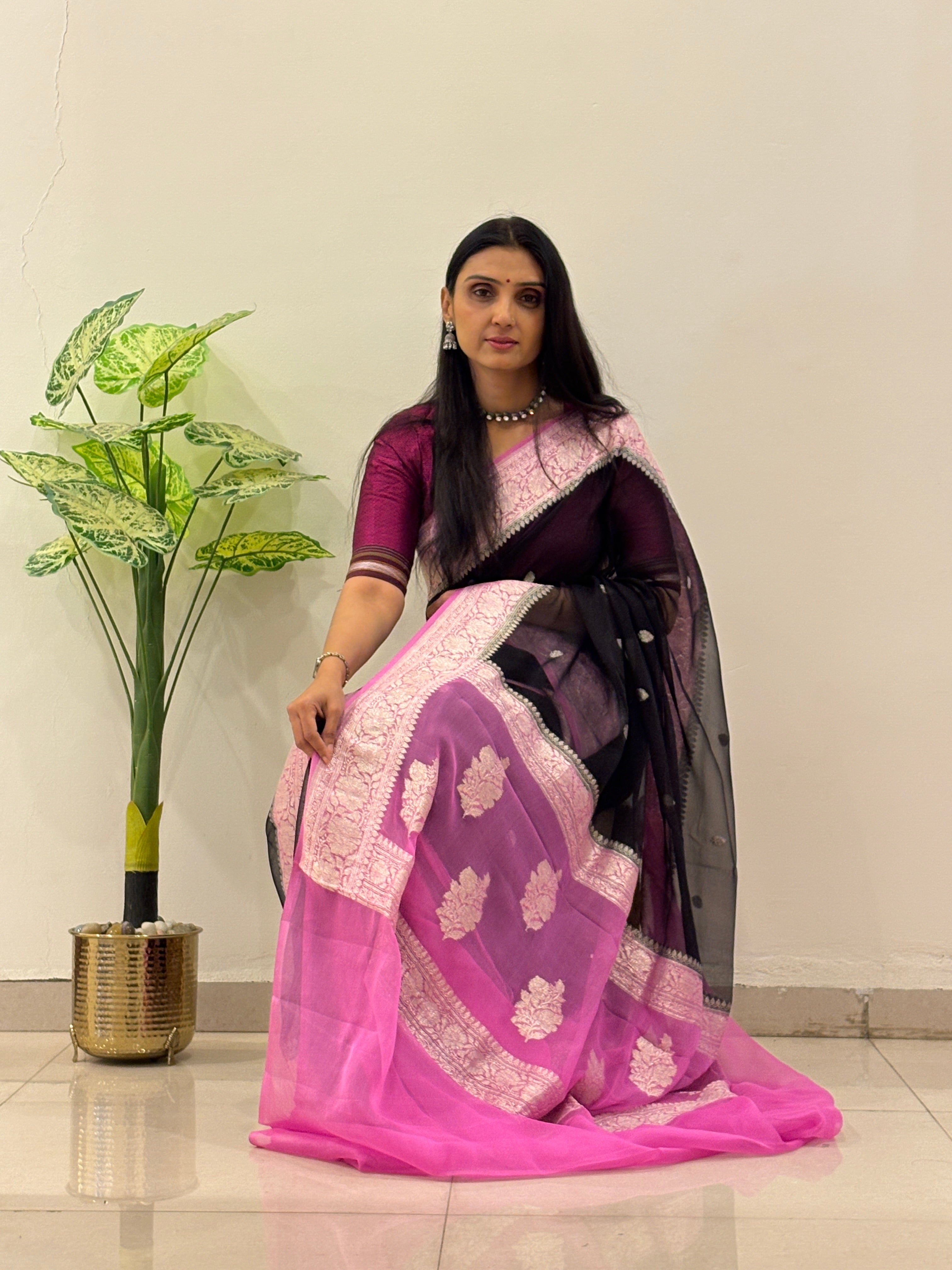 khaddi Chiffon Mysore Silk Bold Black Saree – Handcrafted Elegance