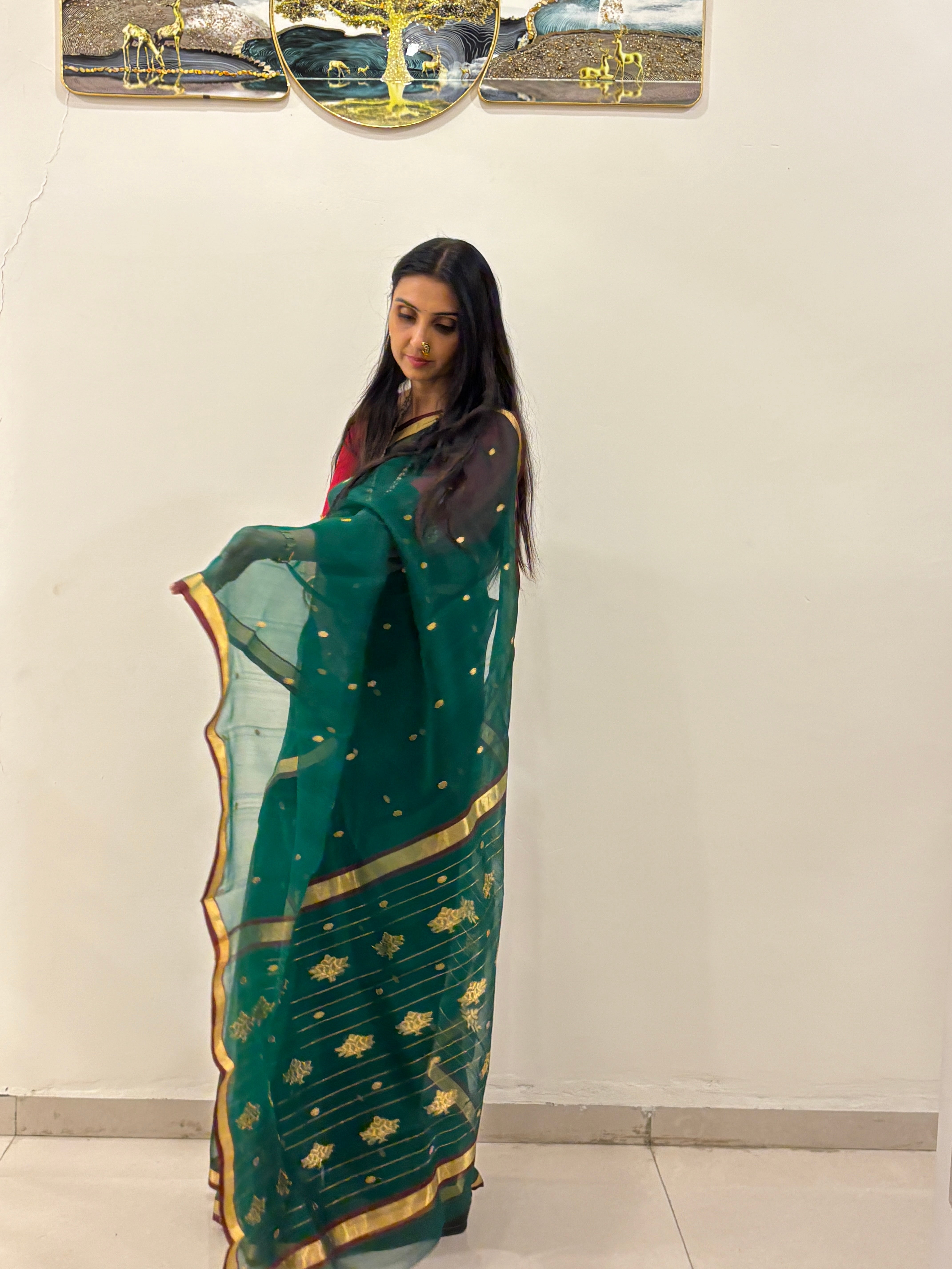 Emerald Green Katan Silk Chanderi Handloom Saree with Zari | SUTA-SAGA