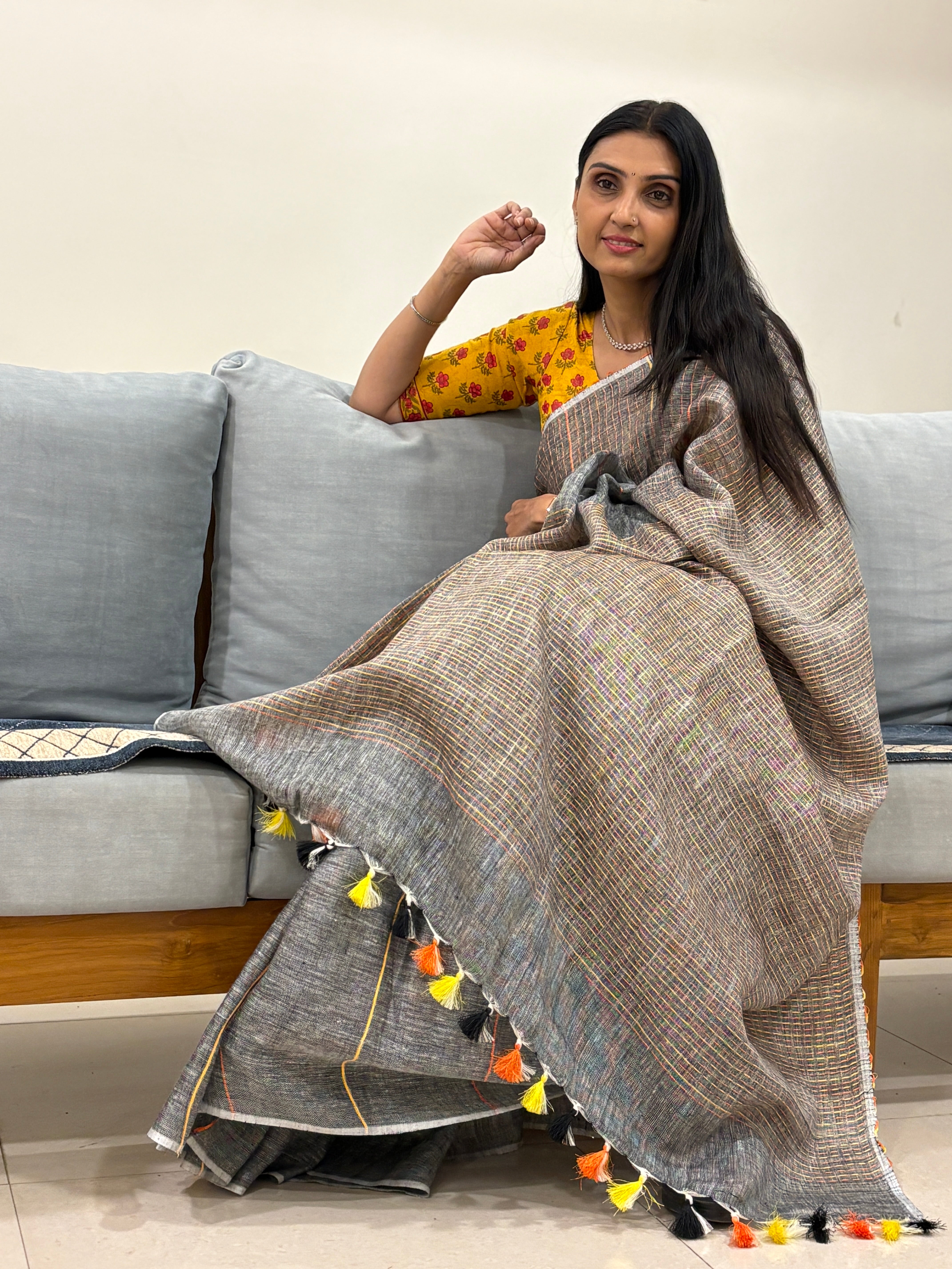Pure Bengal Linen Kantha Stitch Saree in Grey | SUTA-SAGA Handlooms | Officer’s Choice