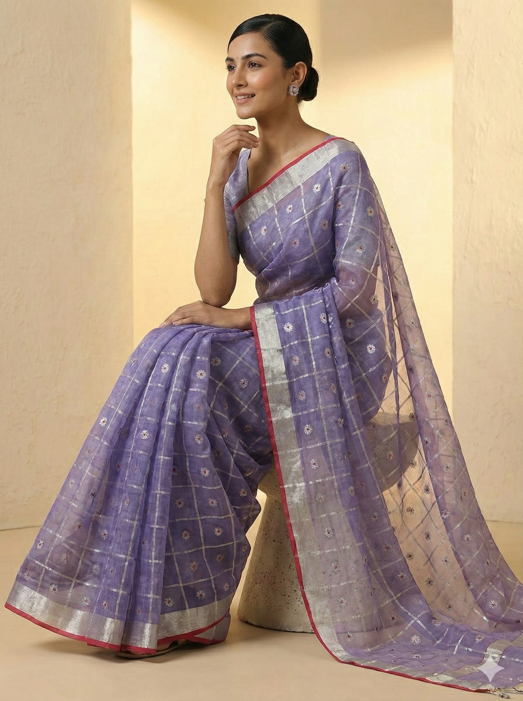 Premium unique Blue Organza Katan Silk Chanderi Saree with Silver Zari Checks & Floral Buttas| SUTA‑SAGA