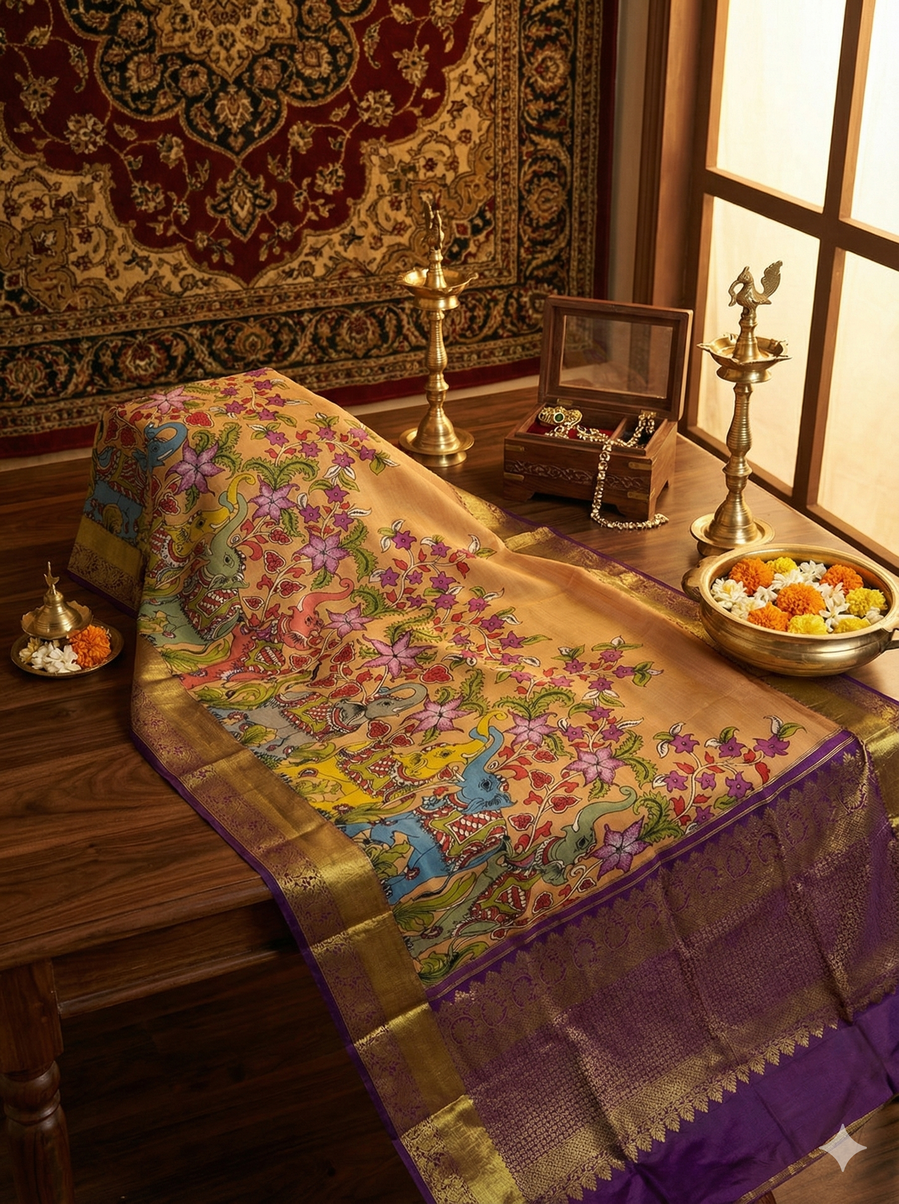 Musturd Yellow Pen Kalamkari Kanjeevaram Silk Saree - Elephant Motif Kalamkari Kanjeevaram Silk Saree