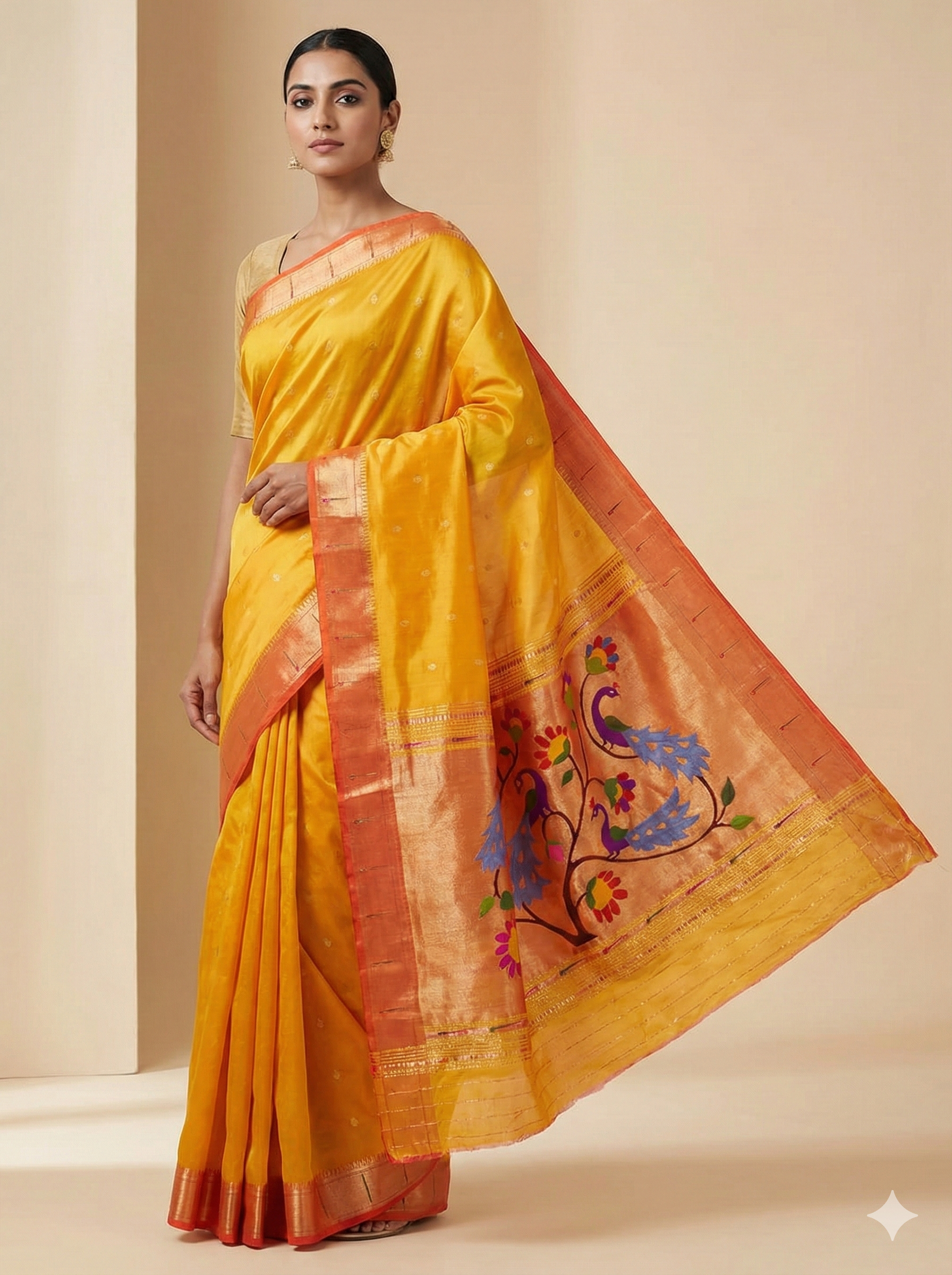 Golden Yellow Single Muniya Paithani Saree – A Symphony of Nature and Tradition