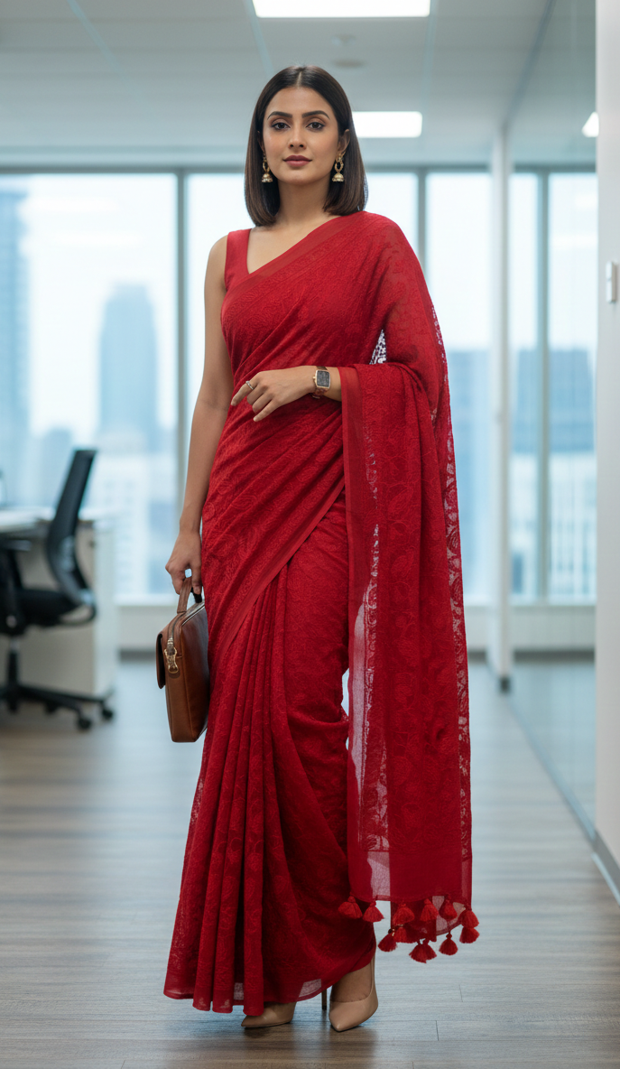 Red Mul Cotton Chikankari Saree – Elegant Handcrafted Corporate Wear with Tassels