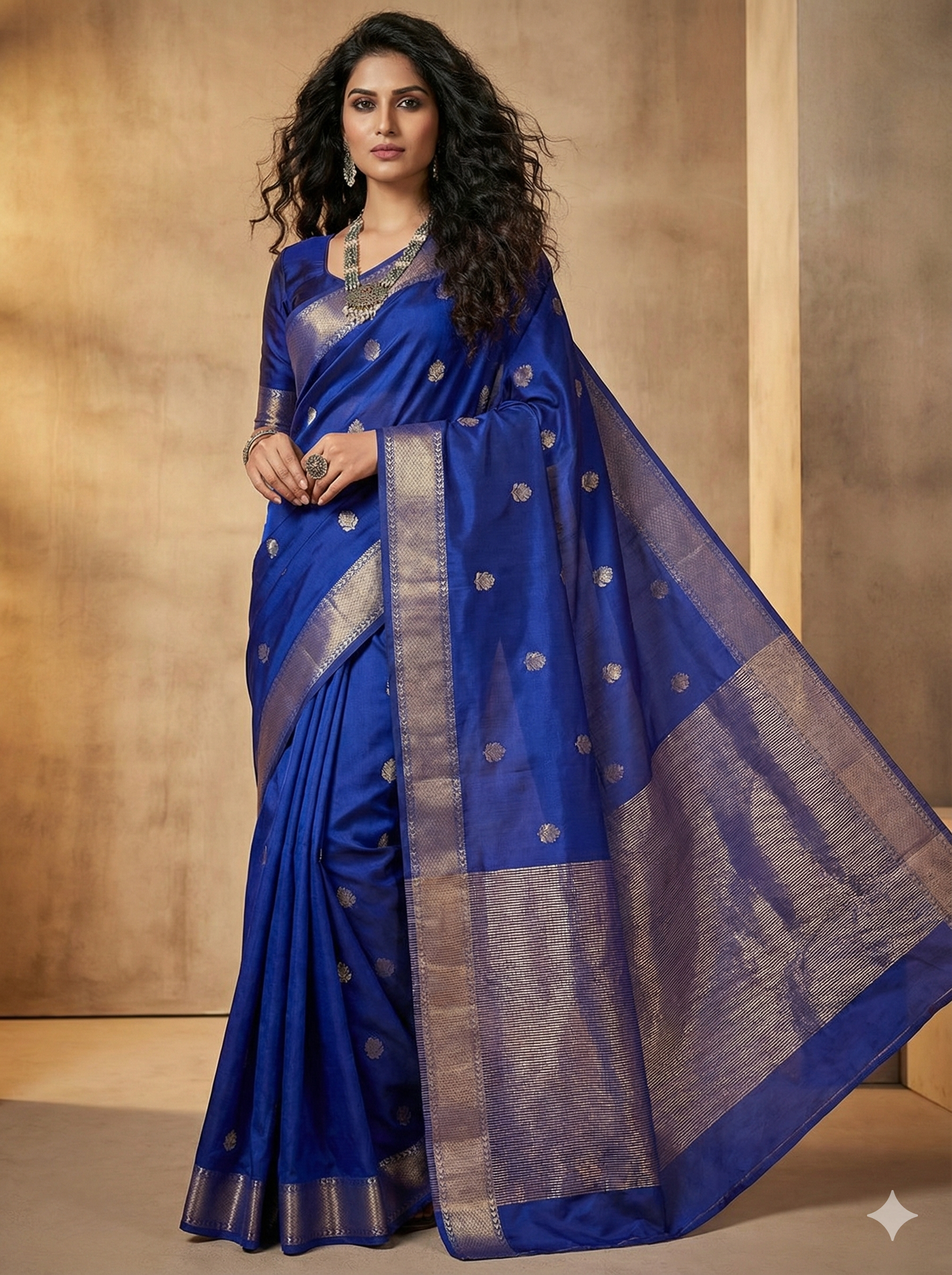 Handloom Exquisite Royal Blue Silk-Blend Maheshwari Silk Cotton Saree with Rich Golden Zari Work