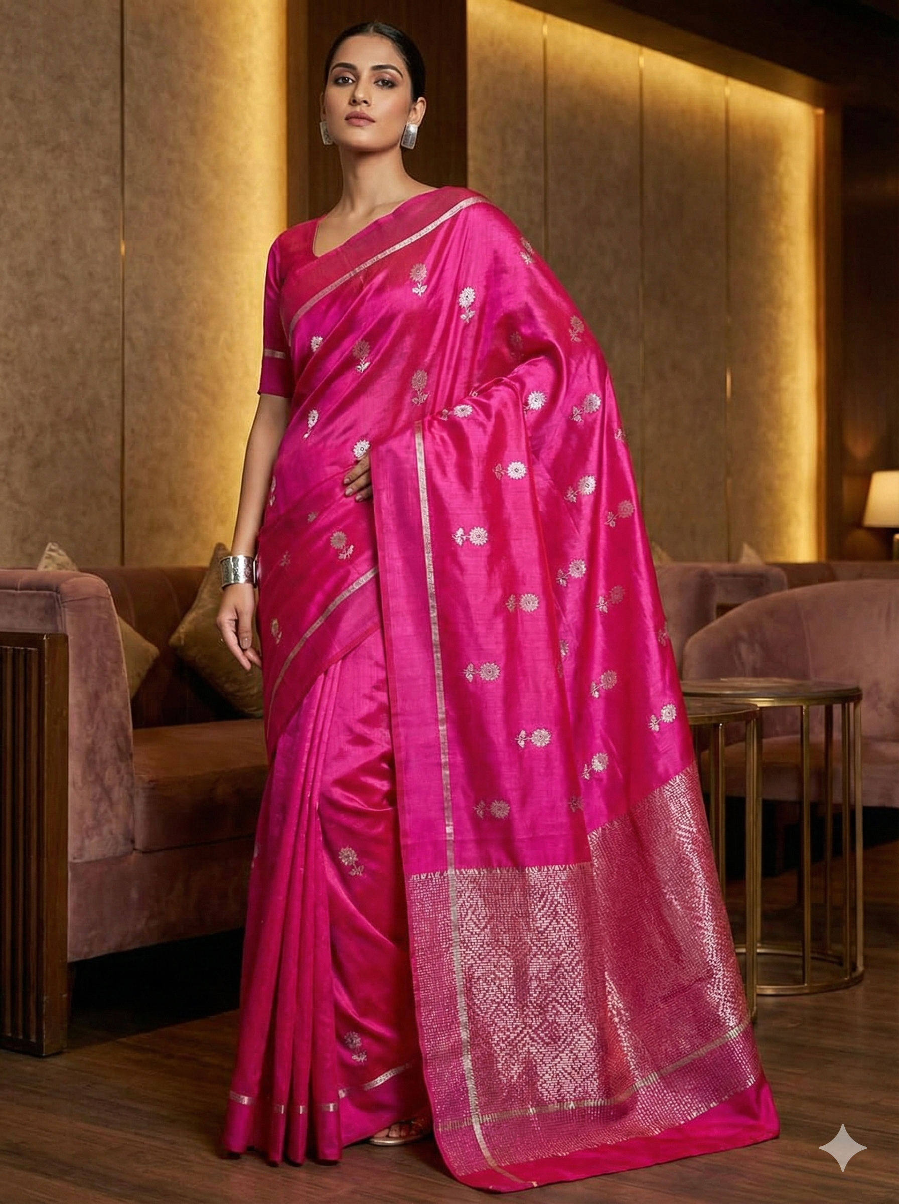 Hot Pink Pattu Soft Silk Chanderi Saree with Meenakari Flower Butti and Rich Zari Pallu – Wedding & Festive Wear