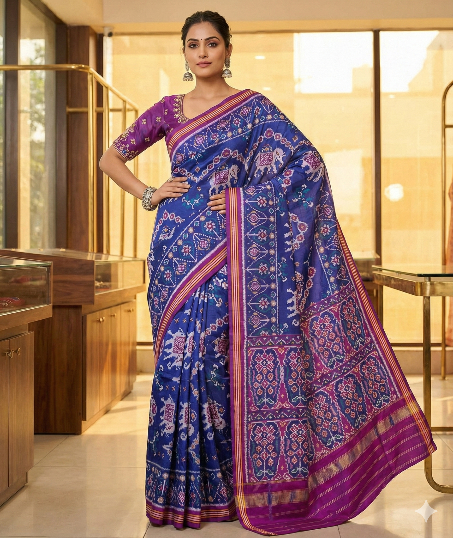 Royal Blue Patola Silk Saree with Elephant Motifs – Handwoven Single Ikat-Inspired Design