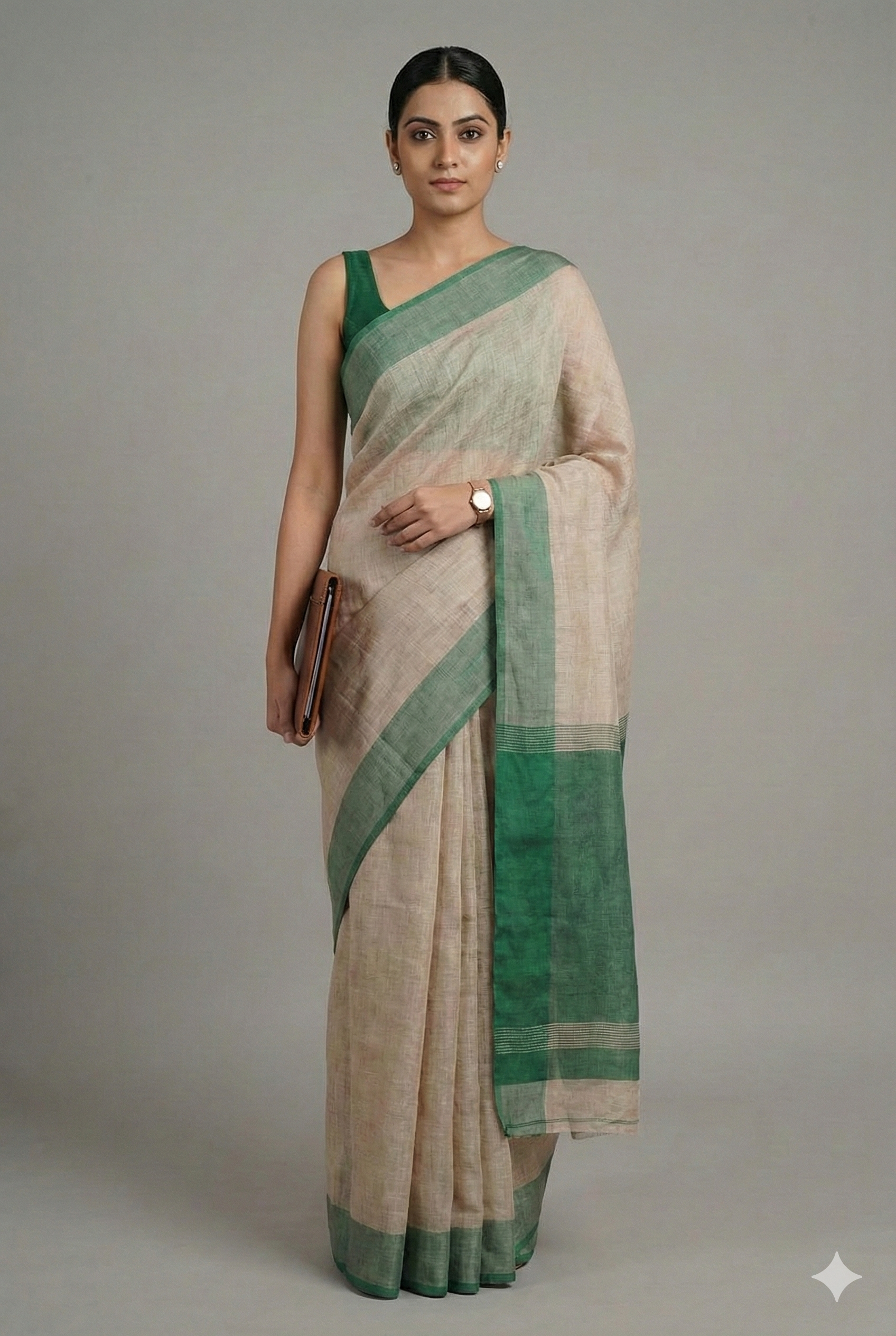Organic Beige Pure Linen Saree with Forest Green Border | Natural Office Wear