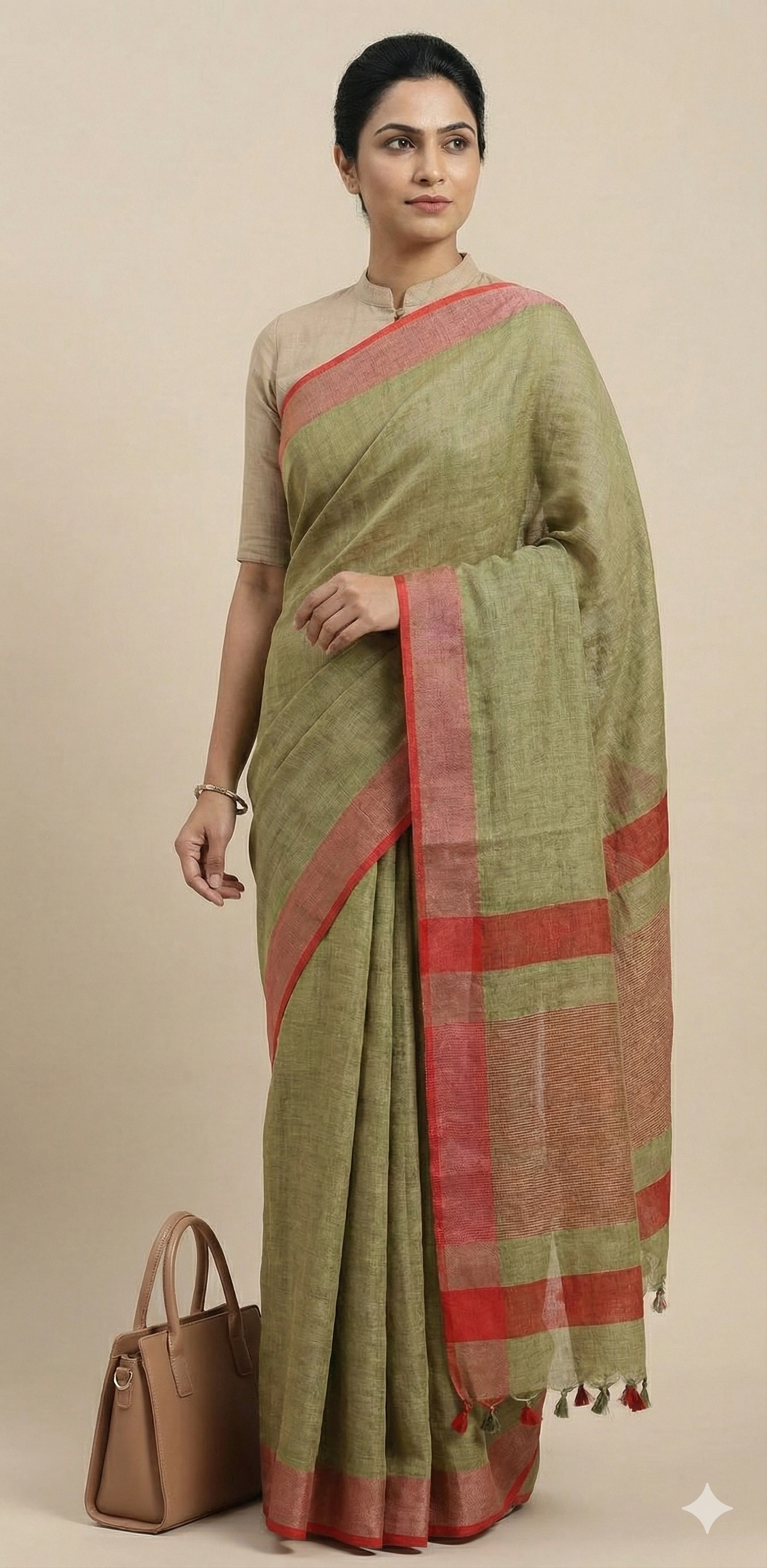 Olive Green Pure Linen Saree with Rust Red Contrast Border | Professional Work Wear
