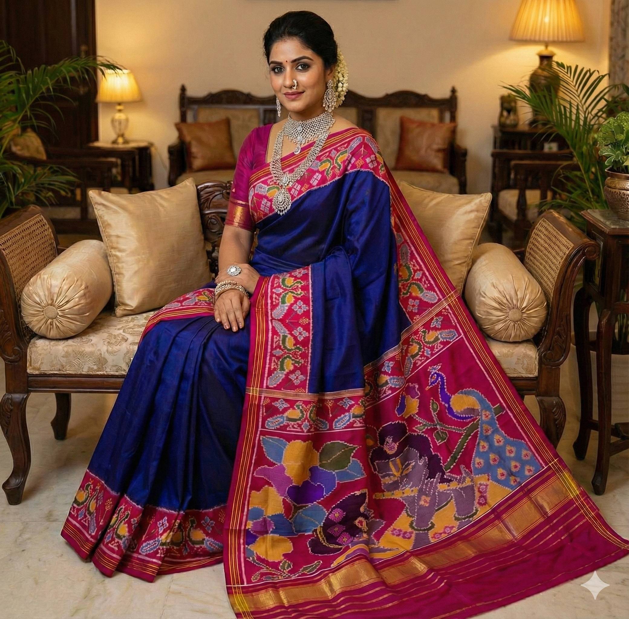 Royal Blue & Magenta - Handwoven Single Ikat Patola Silk Saree with Krishna Radha Motif