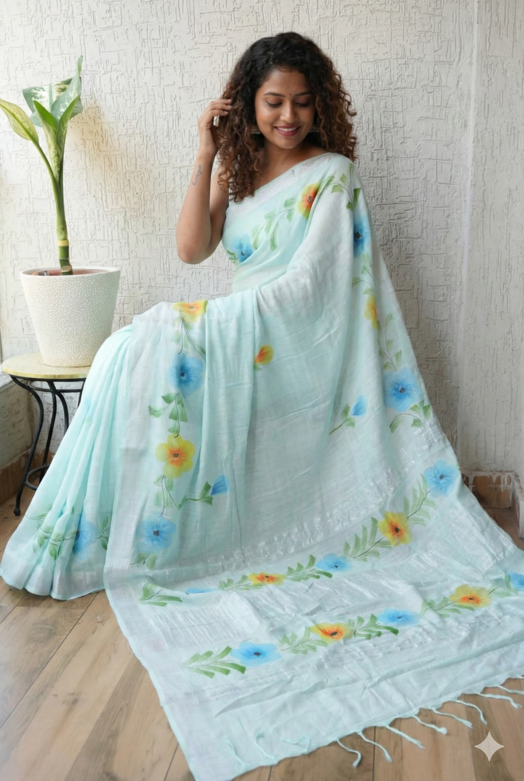 Natural Dyed handblocked printed Mul Cotton Block Print Saree | Light Blue