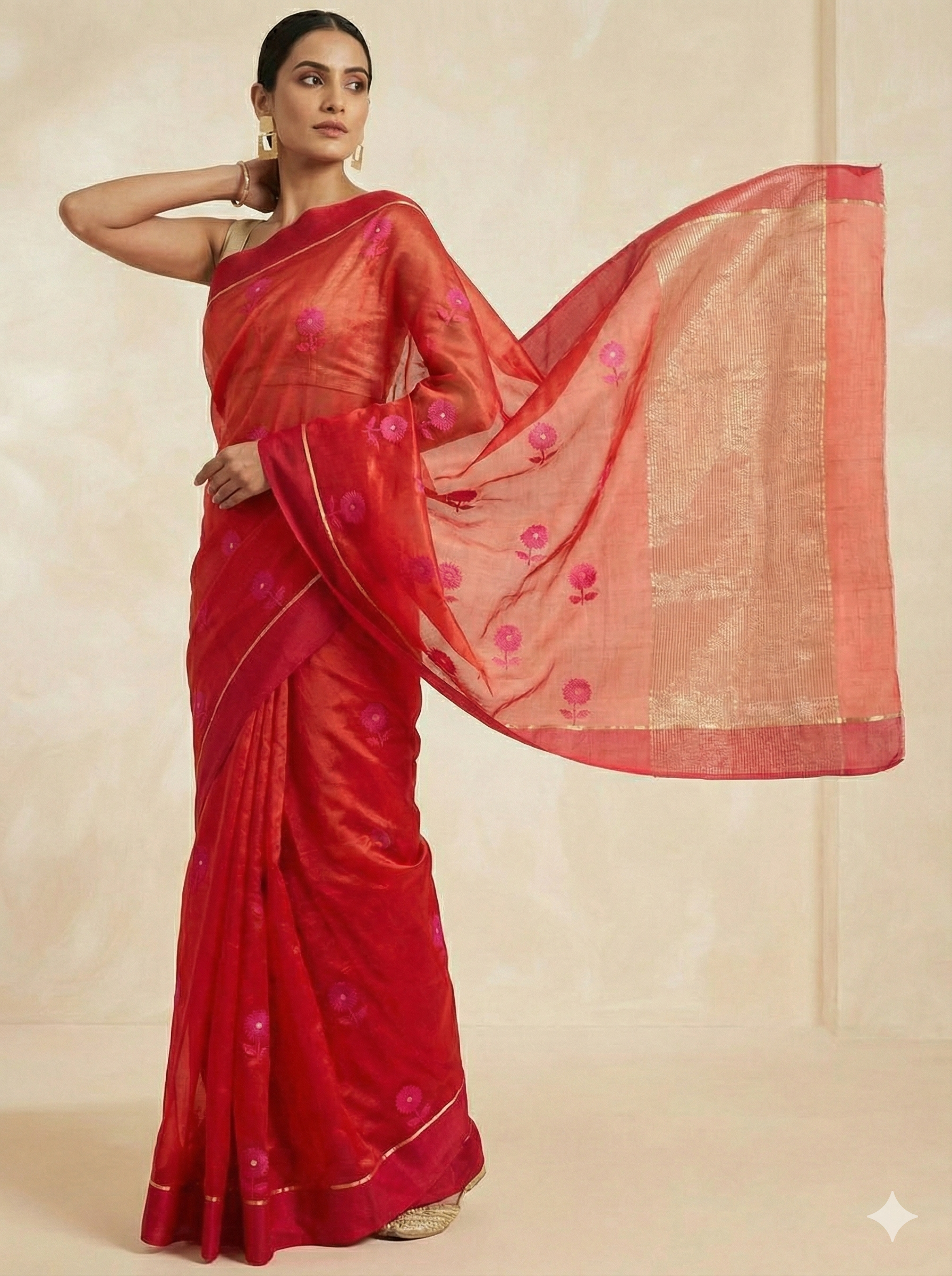 Premium Elegant Red Pattu Soft Silk Chanderi Saree with All-Over Meenakari Flower Butti & Rich Zari Pallu