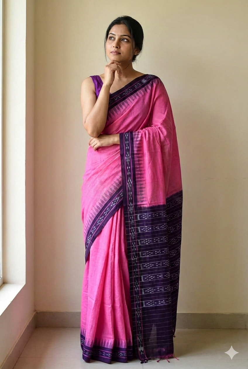 Authentic Odisha Handloom Deep Pink Cotton Saree with Contrasting Dark Purple Pasapali Ikat Border & Pallu