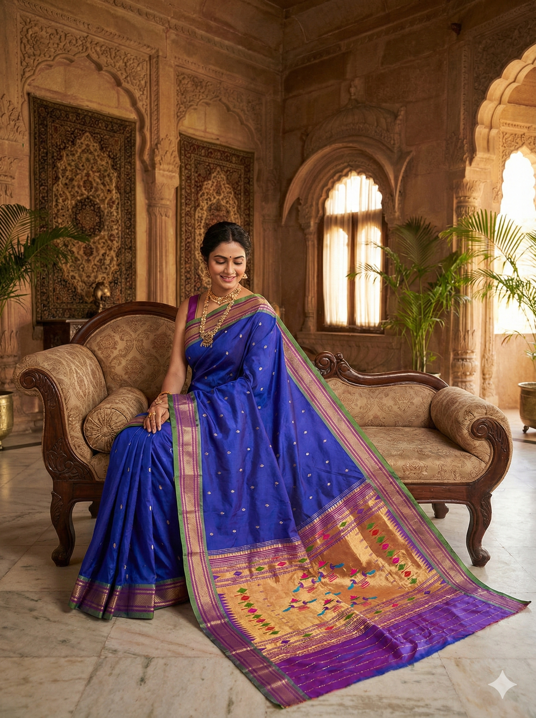 Handloom Authentic Blue Paithani Saree – Peacock Motif Pallu