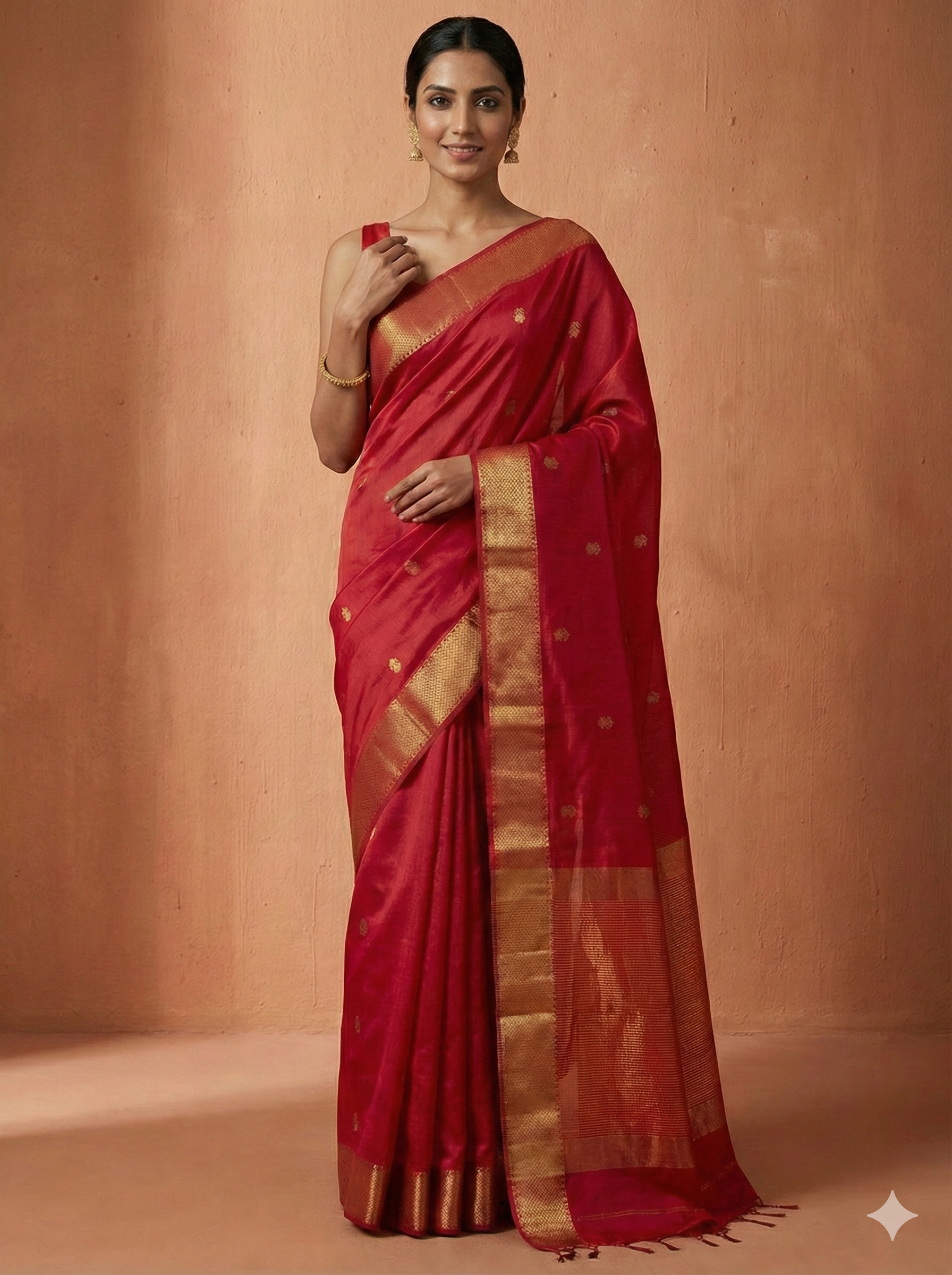 Handloom Exquisite Deep Pink Silk-Blend Maheshwari Silk Cotton Saree with Rich Golden Zari Work
