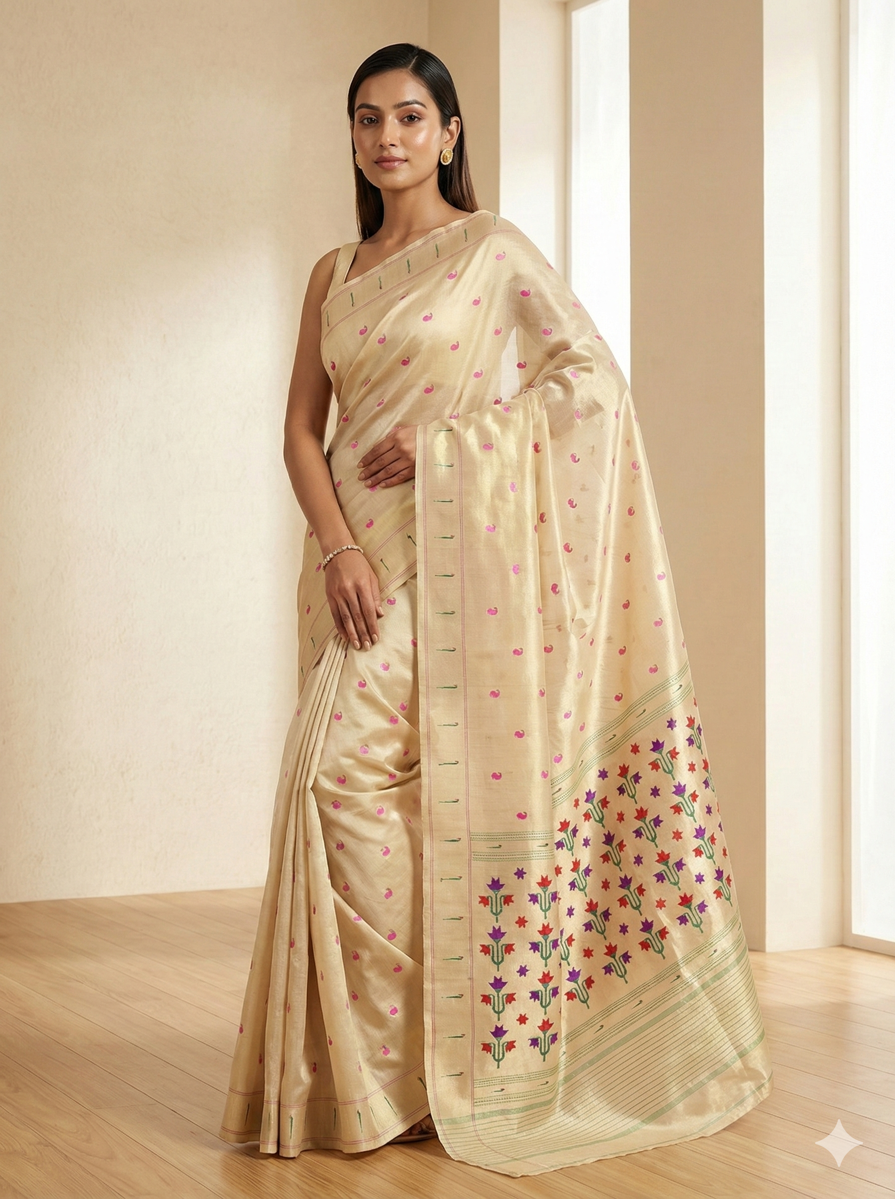 Premium Brocade Tissue Silk Paithani Saree with cream Zari Border & Multicolor Floral Pallu – Traditional Maharashtrian Handloom (Copy)