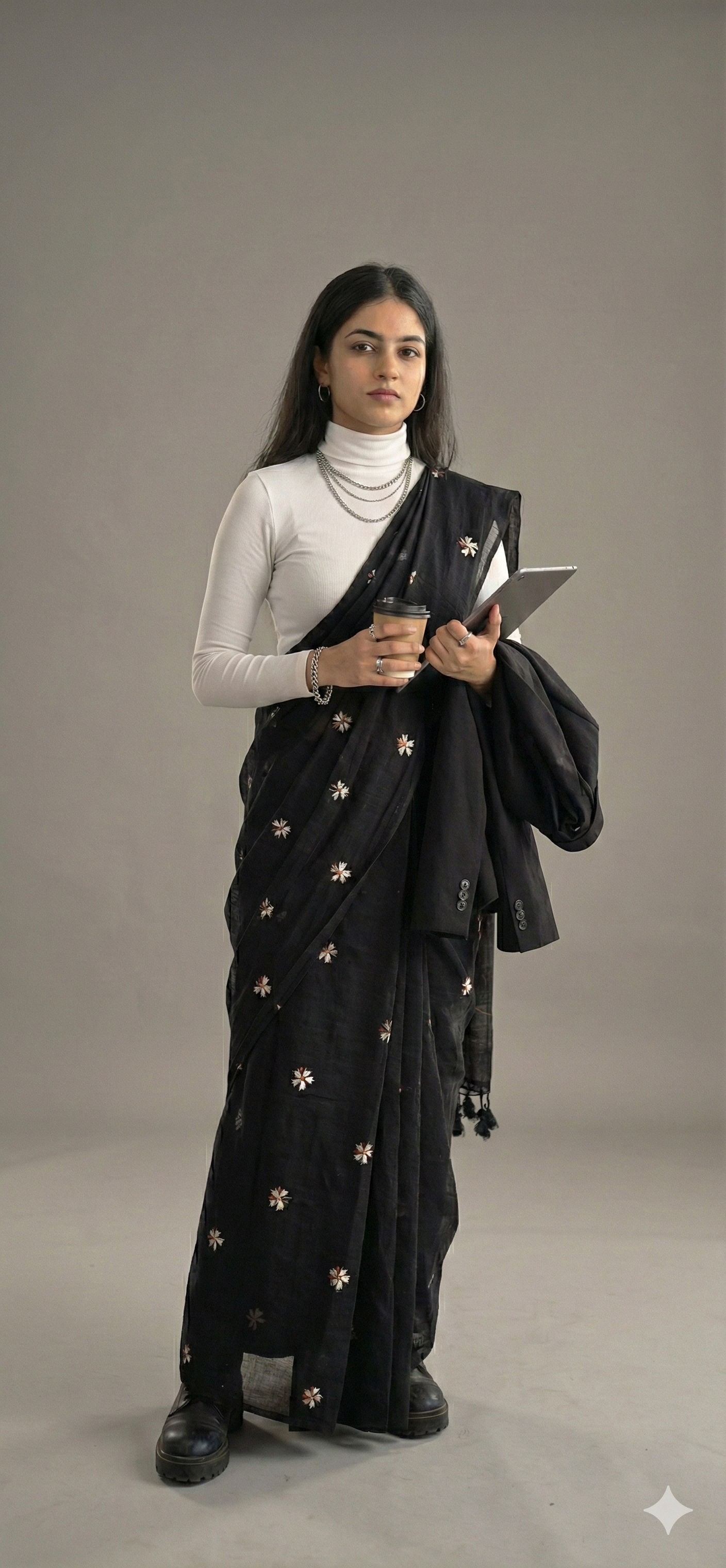 Black Saree with white Floral Embroidery and Stylish Tassel Pallu | Elegant Daily & Corporate Babe Wear