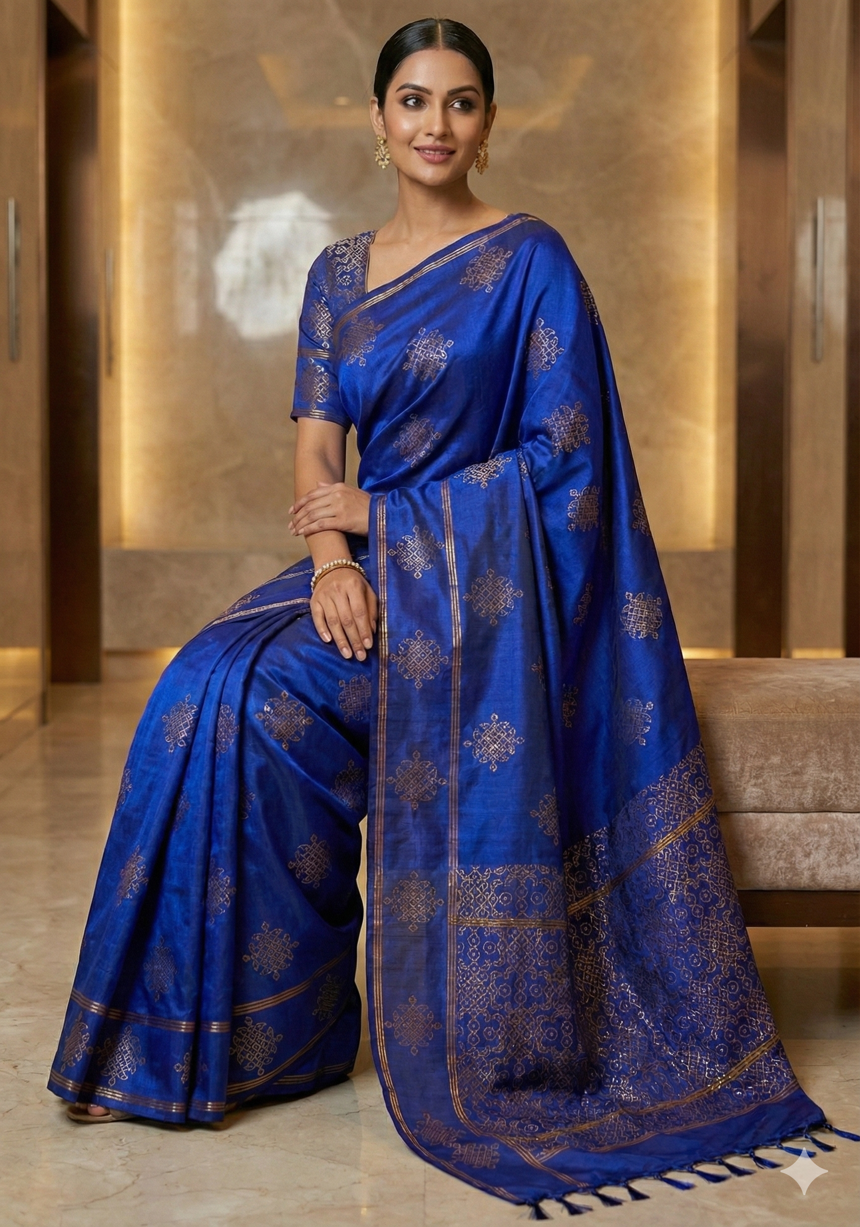 Royal Blue Soft Silk Handloom Saree with Koolam Putta Gold & Silver Zari