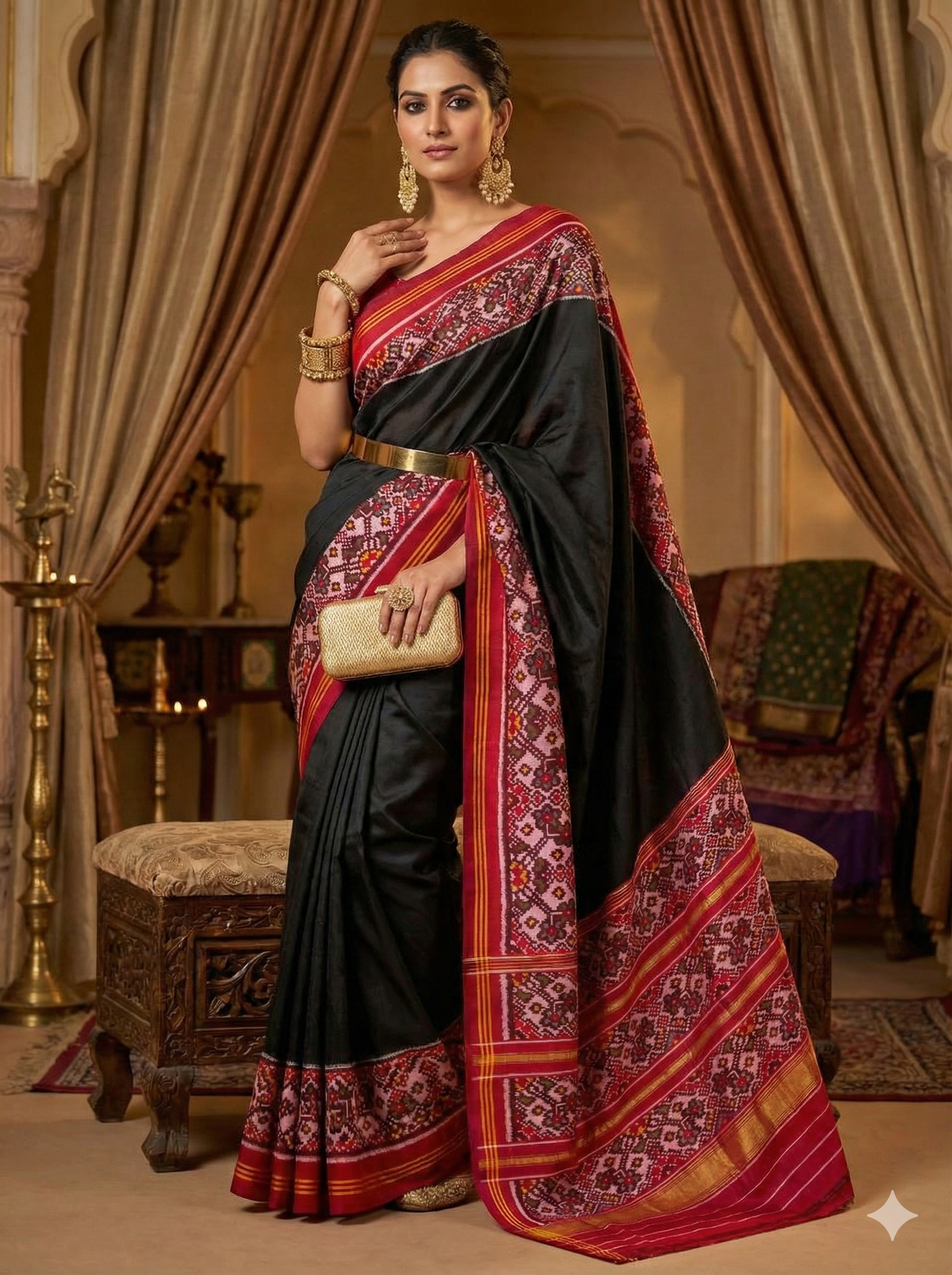 Black & Red - Authentic Patola Silk Saree with Intricate Single Ikat Pattern
