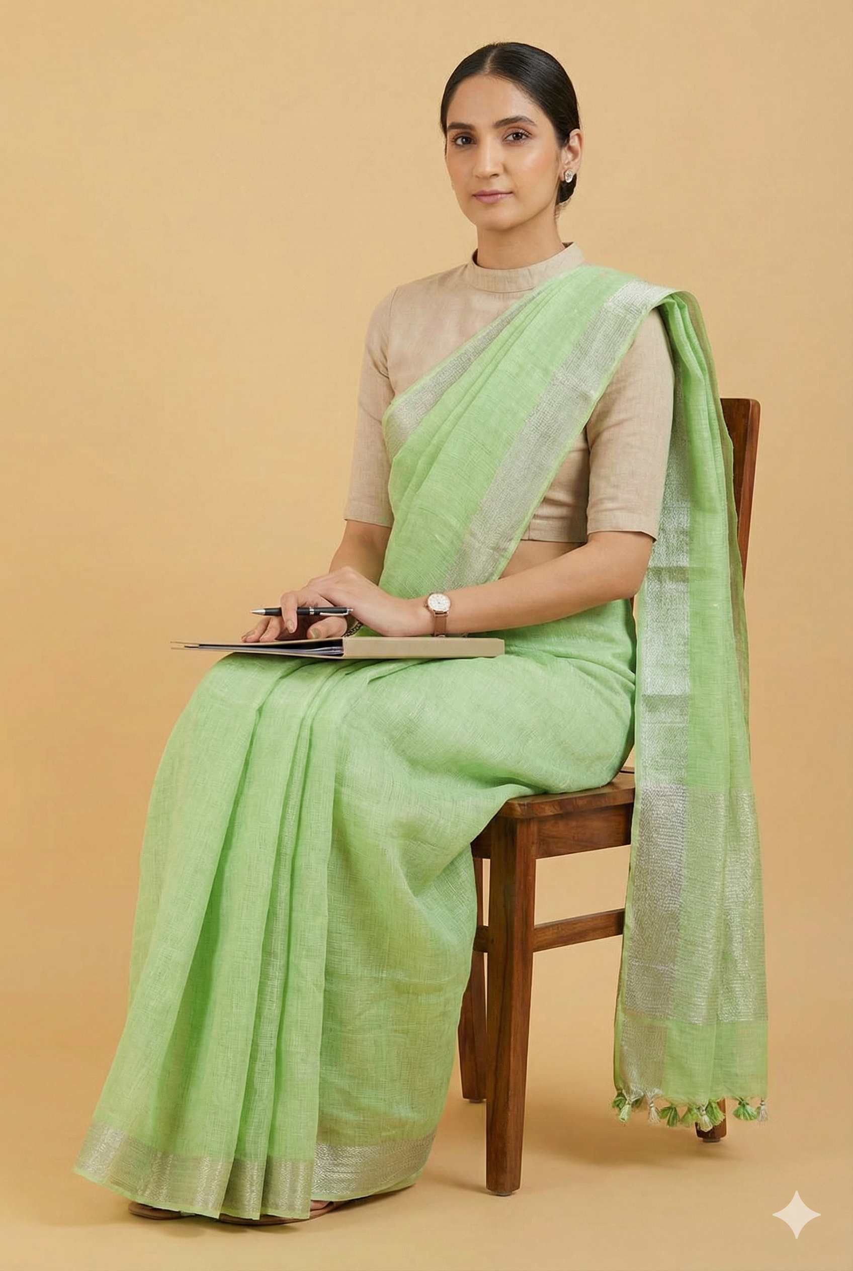 Pure Linen Saree in Mint / Lime Green with a Silver Zari Border