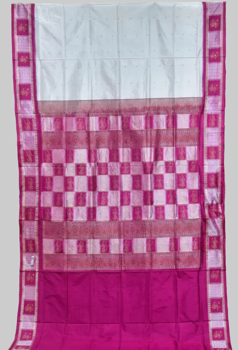 Pink and white checkered fabric draped over a wooden frame.