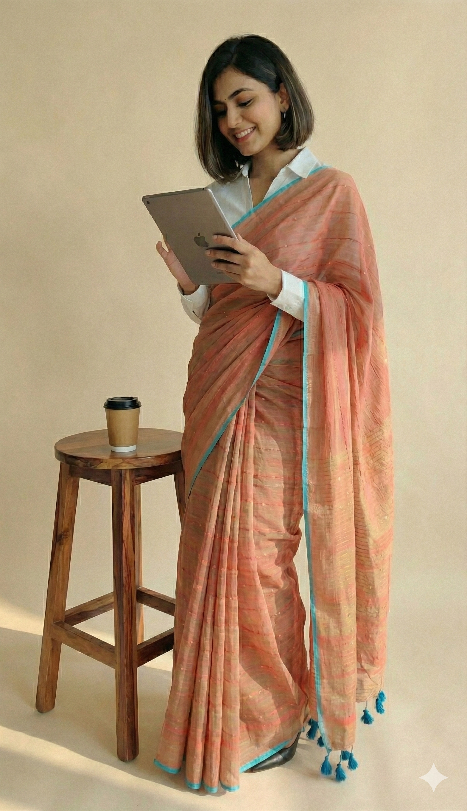 Peach Beige Dual Tone Mul Cotton Saree with Subtle Sequin Detailing